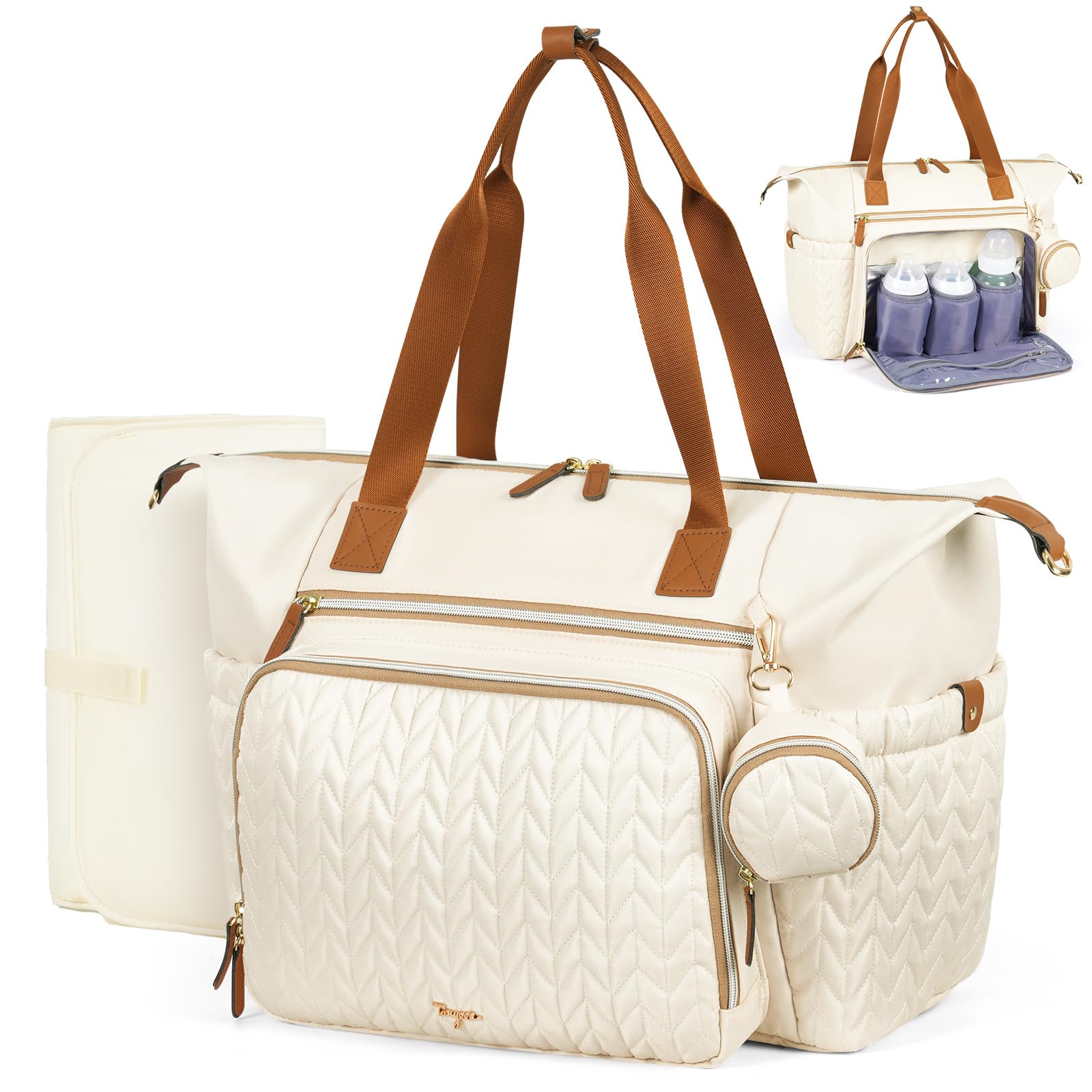 Tonyeee Wickeltasche mit Schnullertasche und Wickelunterlage, Wickelrucksack Multifunktions-Babytasche für Große Reisewindeltasche für Mama und Papa, isolierten Taschen-Beige