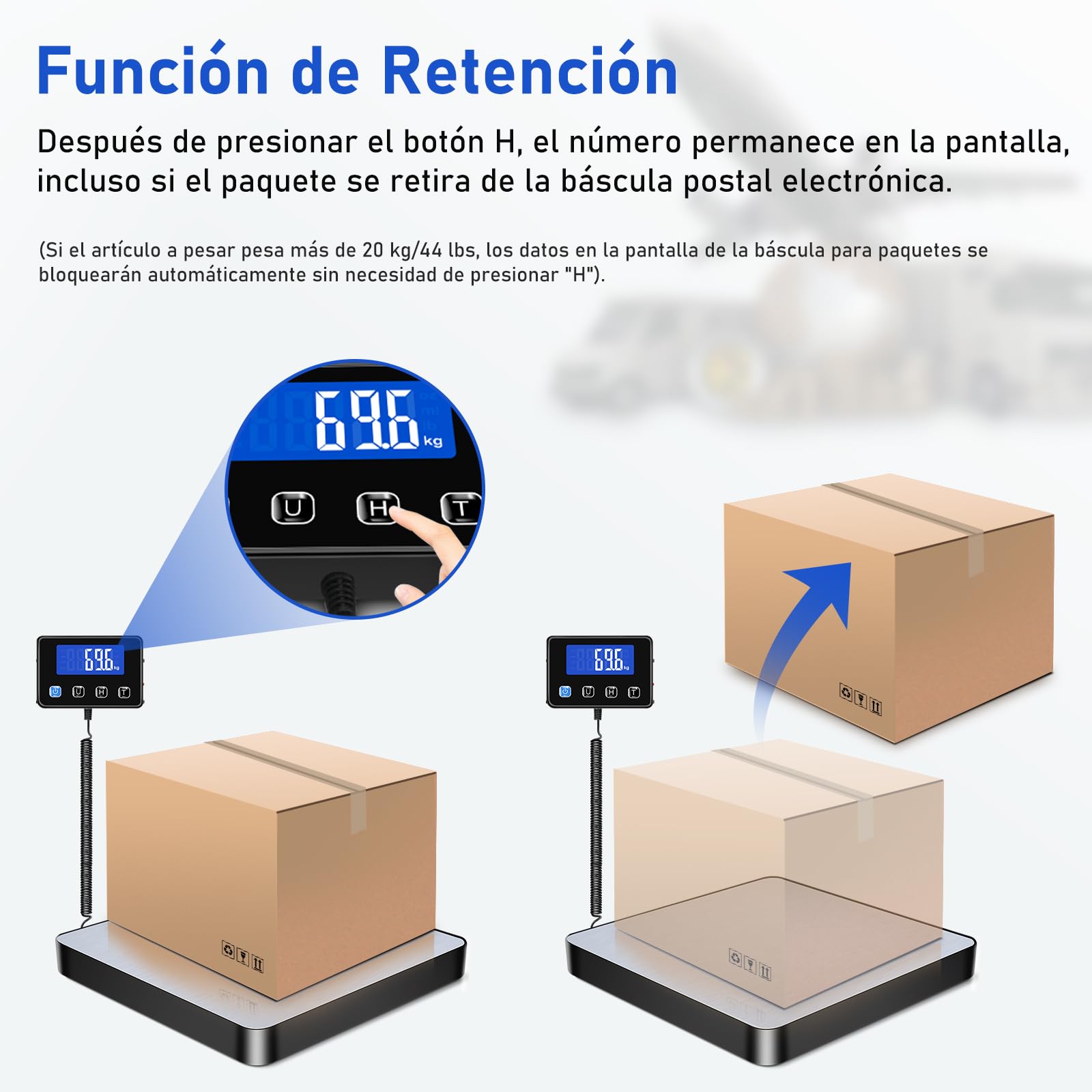 Bascula Industrial, 200 kg / 10 g Bascula Maletas Viaje con Función de Hold/Tara, Báscula con Pantalla LCD para Paquetes, Equipaje y Almacén, Incluye 2 Baterías AAA y Cable de Carga