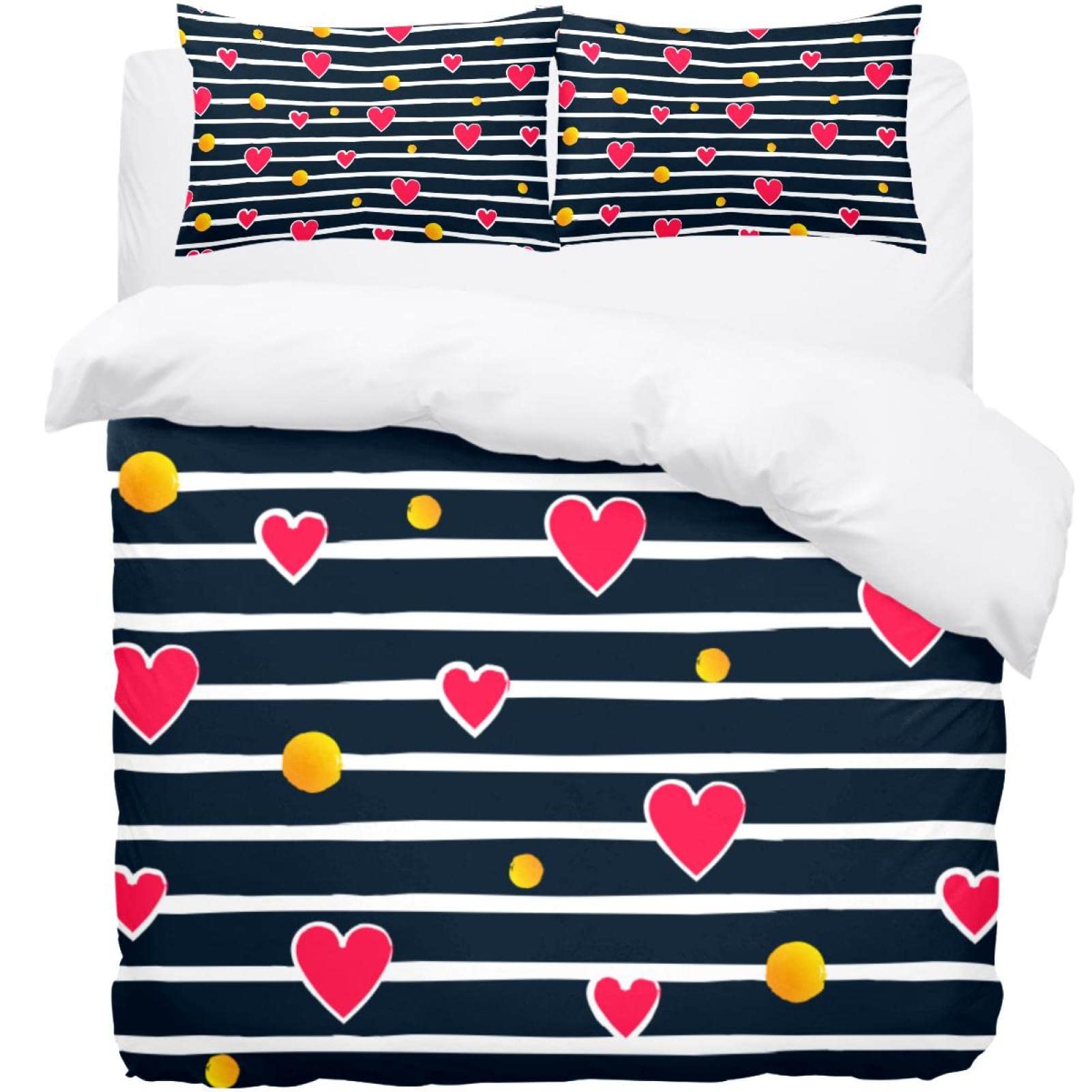 Parure de lit 3 pièces motif Love avec rayures et cœurs pour lits toutes tailles