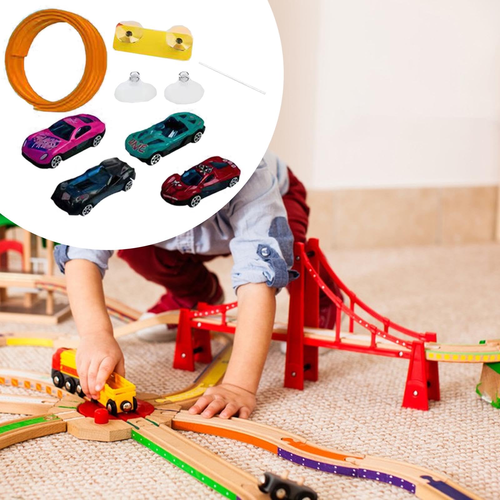 Pista de Carreras Flexible 4.5m (14.8 ft) con Ventosa y 4 Coches de Aleación, Juguete de Pista Portátil para Niños