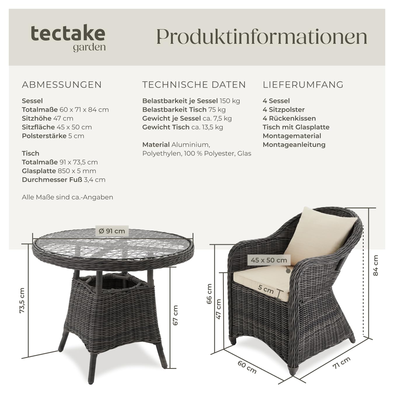 tectake® Sitzgruppe, Rattan Gartenmöbel Set, 1x Tisch und 4X Stuhl, Möbel wetterfest als Lounge im Wintergarten, Balkonmöbel, Gartensessel, Terrassenmöbel - grau