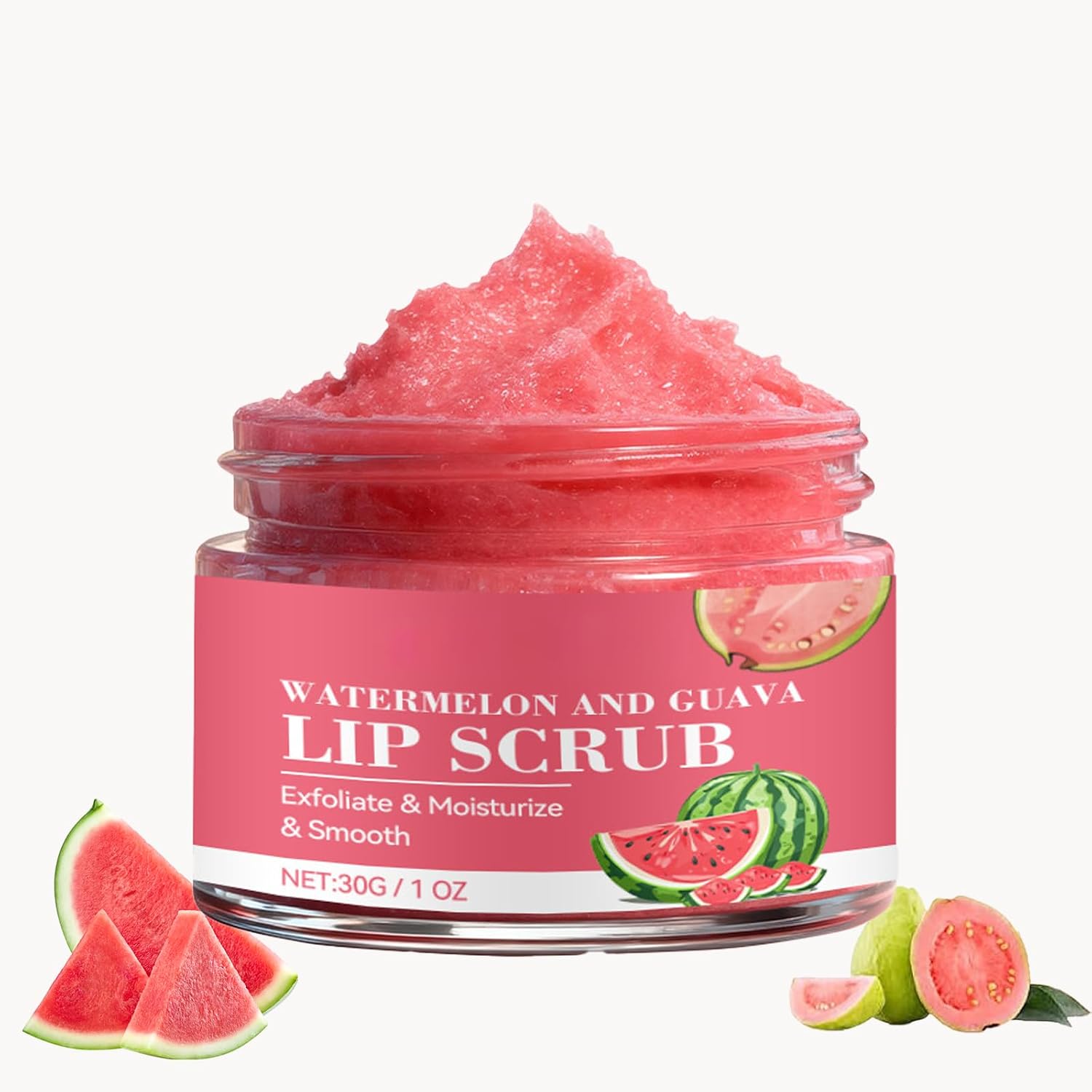 Watermelon Guava Lip Scrub with Natural Sugar Crystals – Gentle Exfoliator for Dry, Chapped Lips, Moisturizing Sugar Scrub for Smooth & Soft Lips, Fruity Lip Care for All.30g/1oz