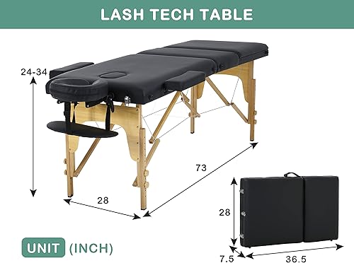 Miniatura 7 de Mesas de masaje, cama portátil de pestañas de 73 pulgadas de largo, 24 pulgadas de ancho, cama de spa portátil de altura ajustable, 3 mesas