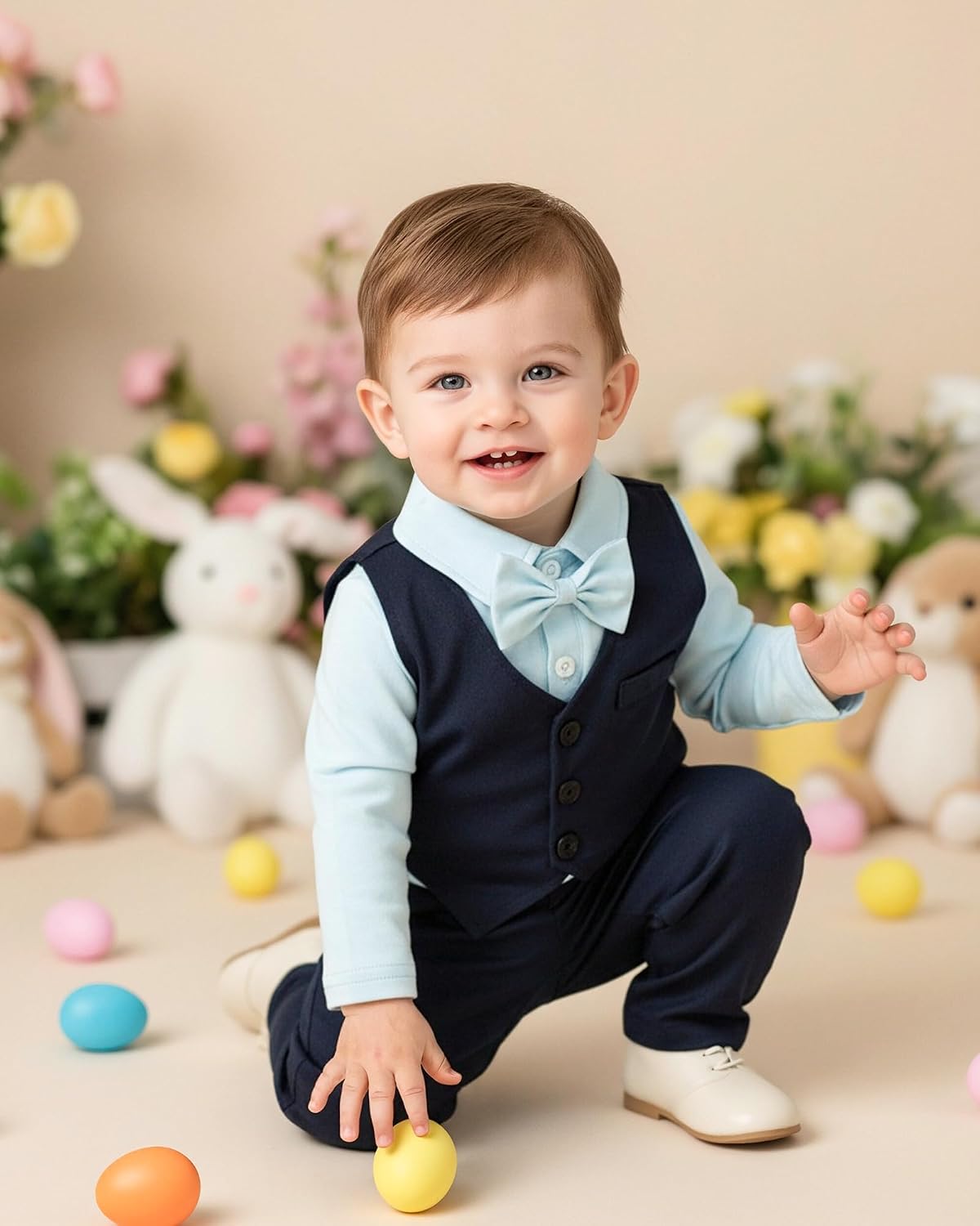 NZRVAWS Newborn Baby Boy Clothes Suit Tuxedo Baptism Outfit Christening Top+Suspenders Pants+Vest+Bow Tie 5PCS 0-24 Months