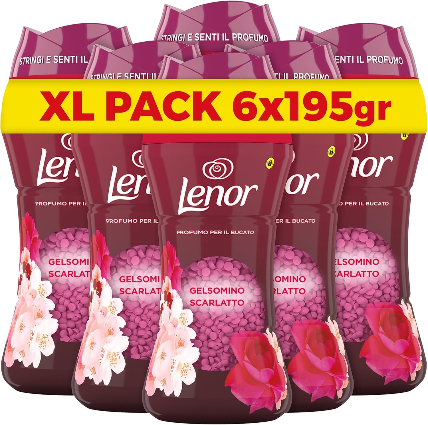 Italian Gourmet Bundle Wäscheparfüm Gelsomino Scarlatto 6x 195g + Italian Gourmet Polpa Gratis – Duftperlen für Wäsche, XL Pack, Profumo per il Bucato laut Verpackung, Vorrat 1,17kg