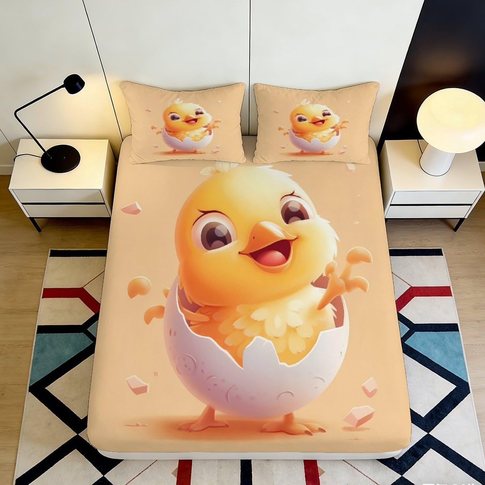 3D Printed Cute Chick Fitted Sheet Microfiber Soft Orange Cartoon Eggshell Mattress Cover for Bedroom Dorm Guest Room 90x200x25cm