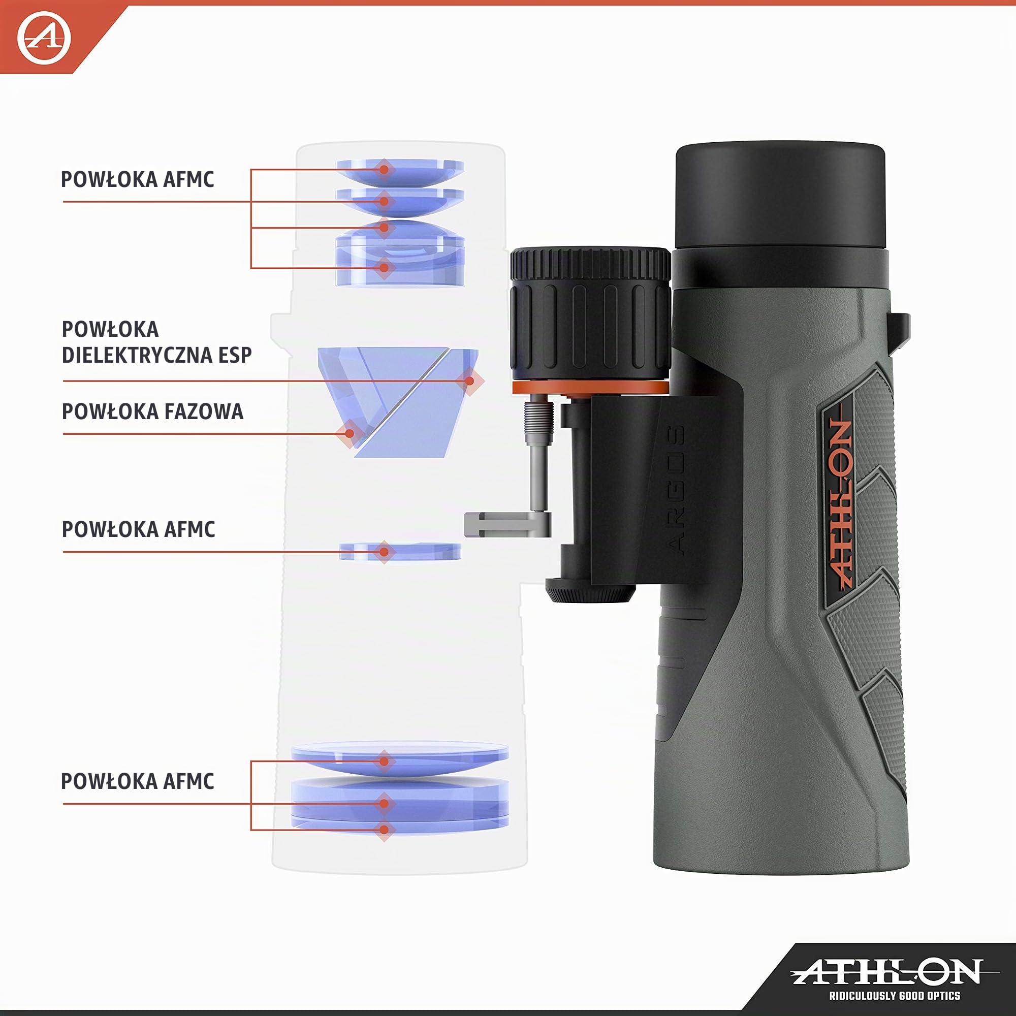 Athlon Optics 10 x 42 Argos G2 HD szara lornetka z odciążeniem oczu dla dorosłych i dzieci, lornetka o dużej mocy do polowania, obserwacji ptaków i nie tylko