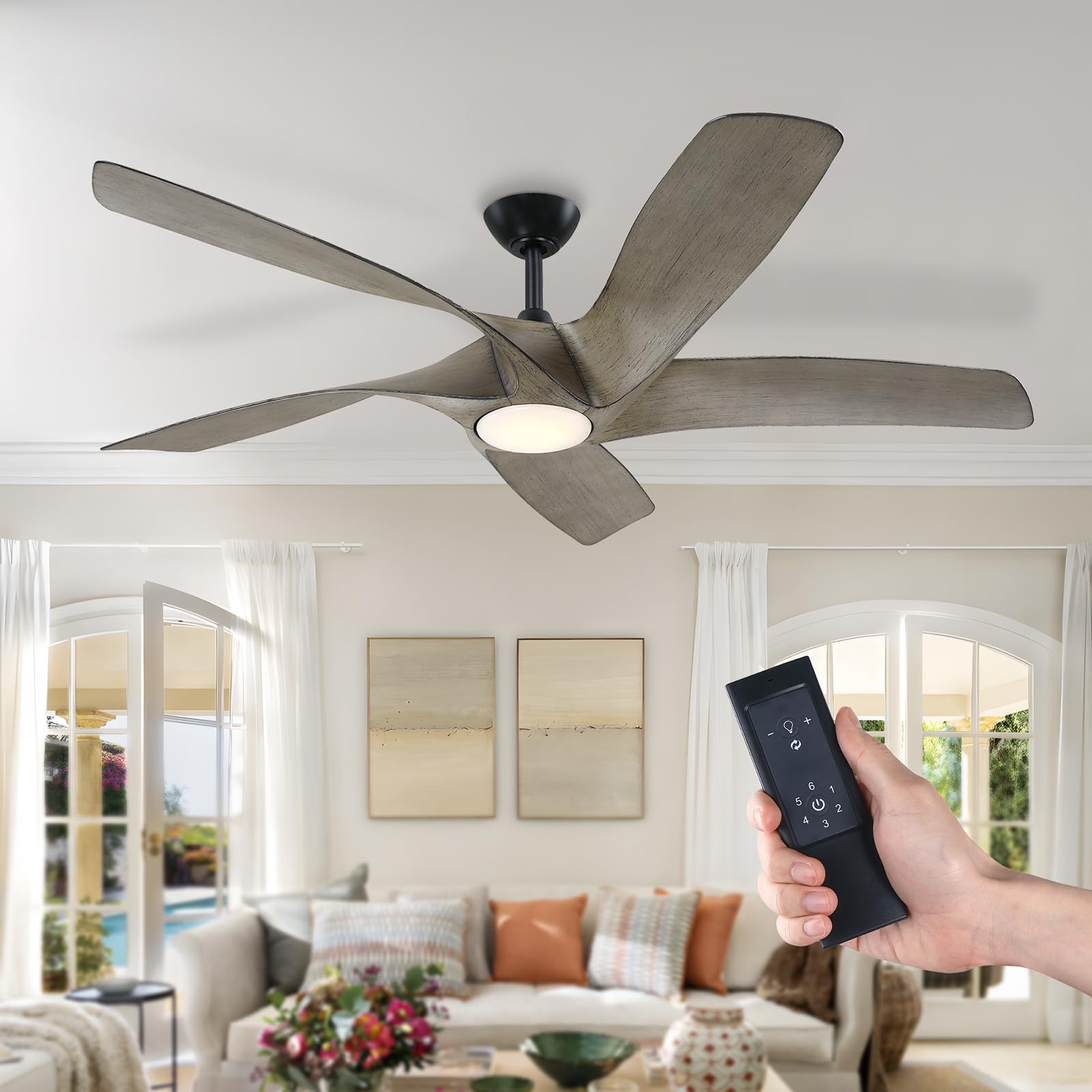 60 Inch Ceiling Fans with Lights,Low Profile Ceiling Fan with Light and Remote,Flush Mount DC Reversible Motor 6 Speeds Noiseless Black Ceiling fan