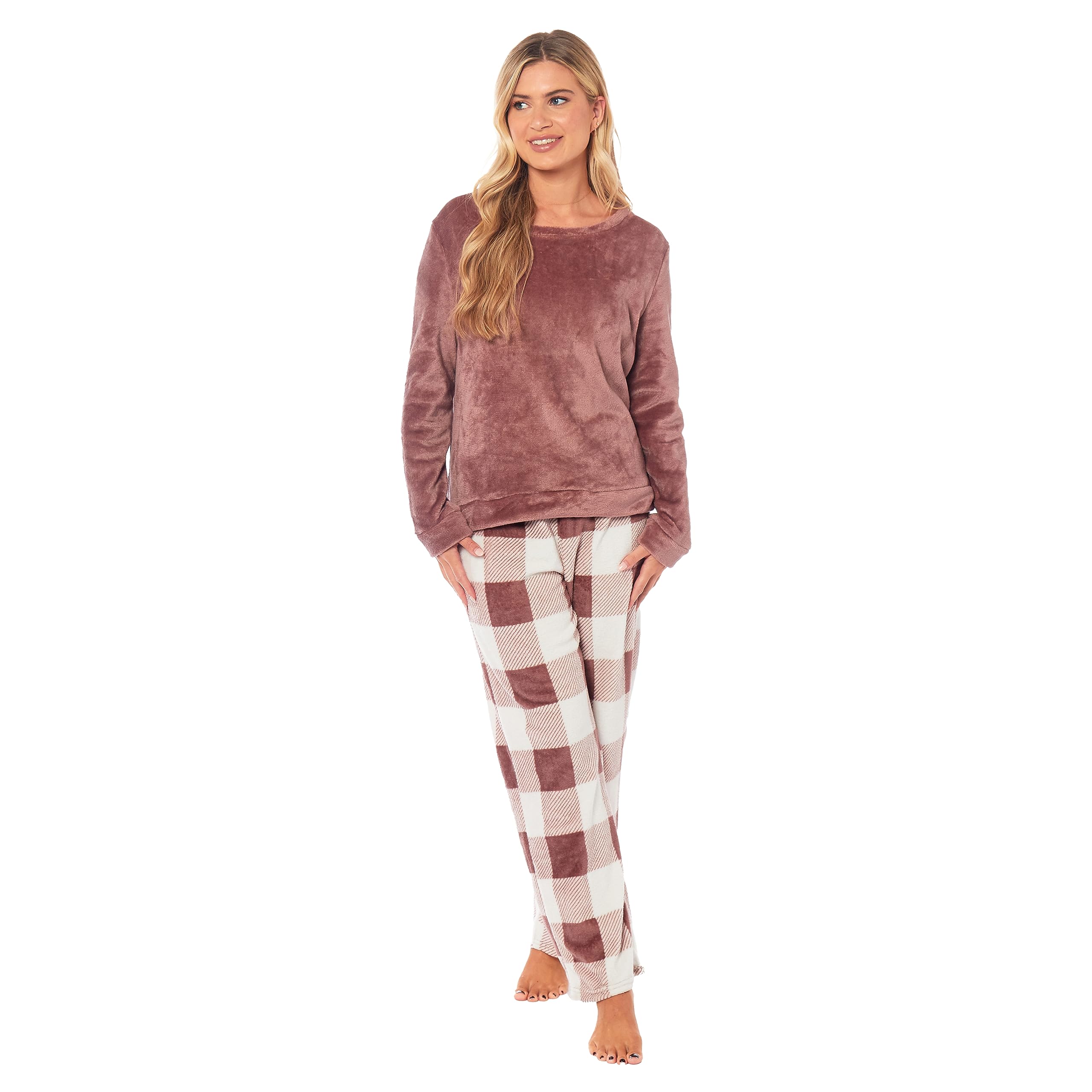 Daisy Dreamer Womens Buffalo Check Fleece Pyjamas Set Long Sleeve Top & Pajama Bottoms Soft Nightwear Loungewear Warm Pjs Sets,Natural Large