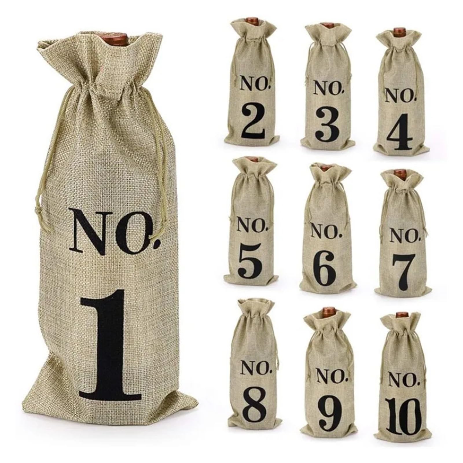Lot de 10 sacs à vin avec cordon de serrage numéroté pour bouteille de vin - Pour dégustation de vin de mariage, rouge vin, One Size, Style unique