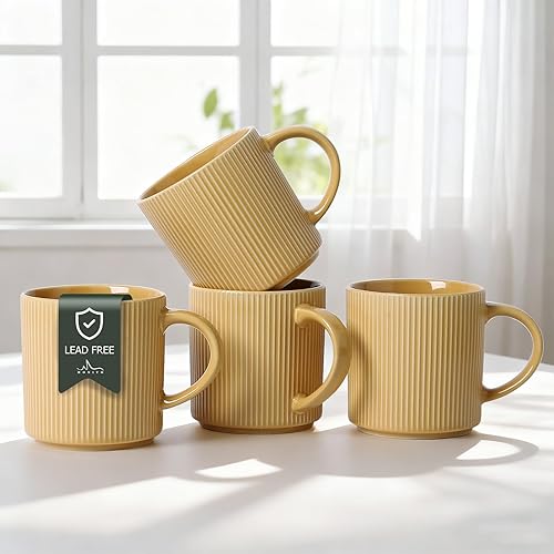 Miniatura 14 de MONITO Juego de 4 Tazas de Café de 16 Oz, Juego de Tazas de Café de Cerámica Rústica con Mango Grande, Tazas de Café de Gres con Rayas Vintage para