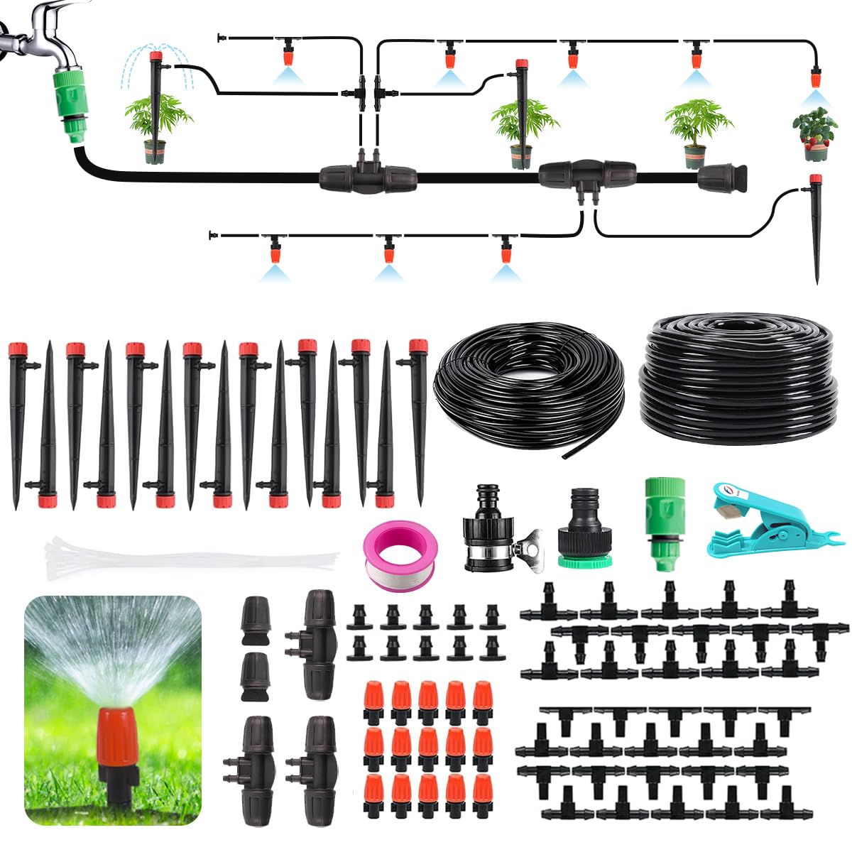 72FT Drip Irrigation Kit, Automatic Garden System with 1/4 inch 1/2 inch Black Tubing Hose, Watering Drip System, DIY Micro Drip Irrigation Set for Greenhouse, Raised Bed, Lawn, Outdoor