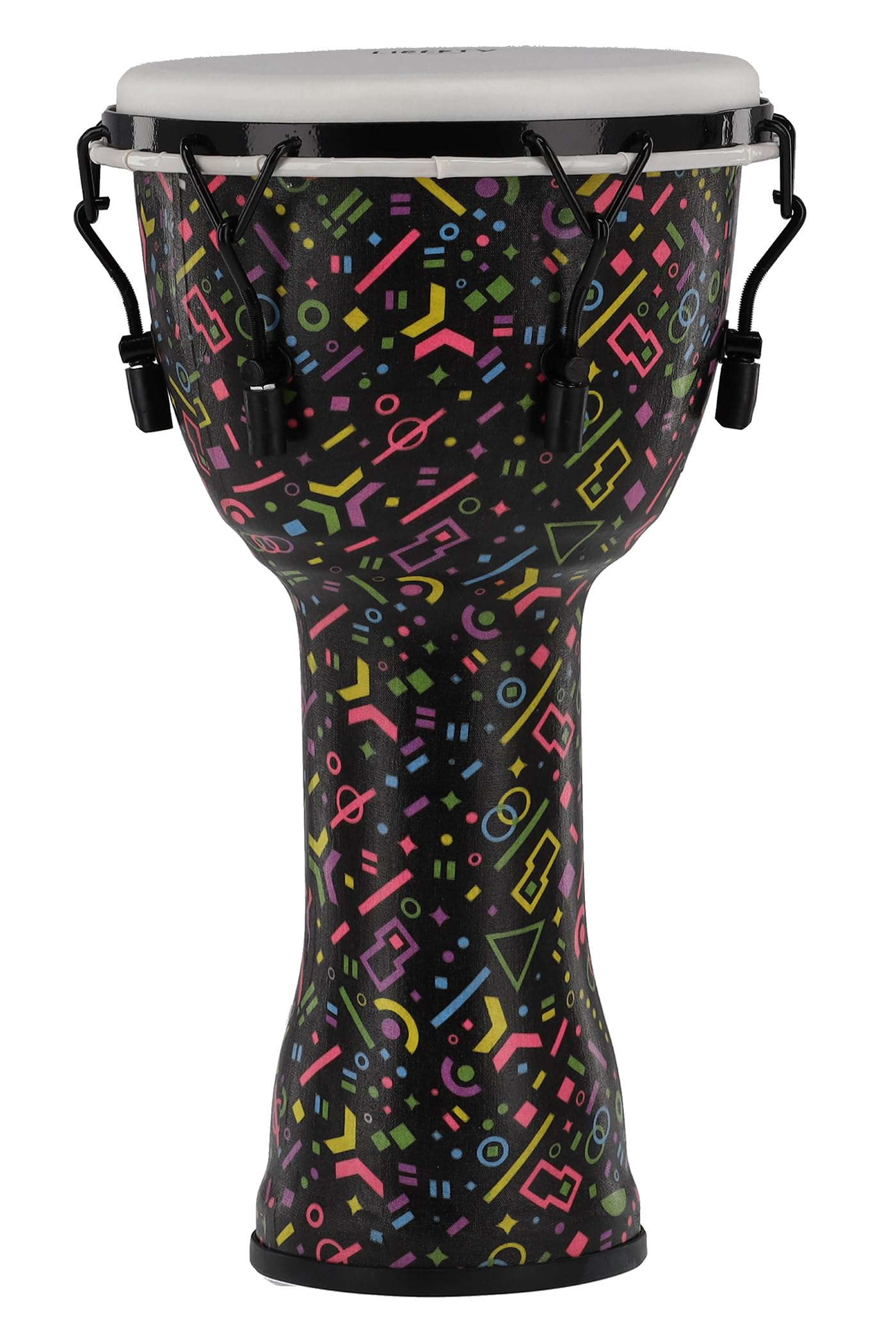 GEWA Liberty Djembé - afinación: Mecánico (con tensores) - Diámetro: 10" (25,4 cm) - Altura: 19,5" (49 cm) - Número de ganchos de afinación: 6 - Patrón: Crazy Neon