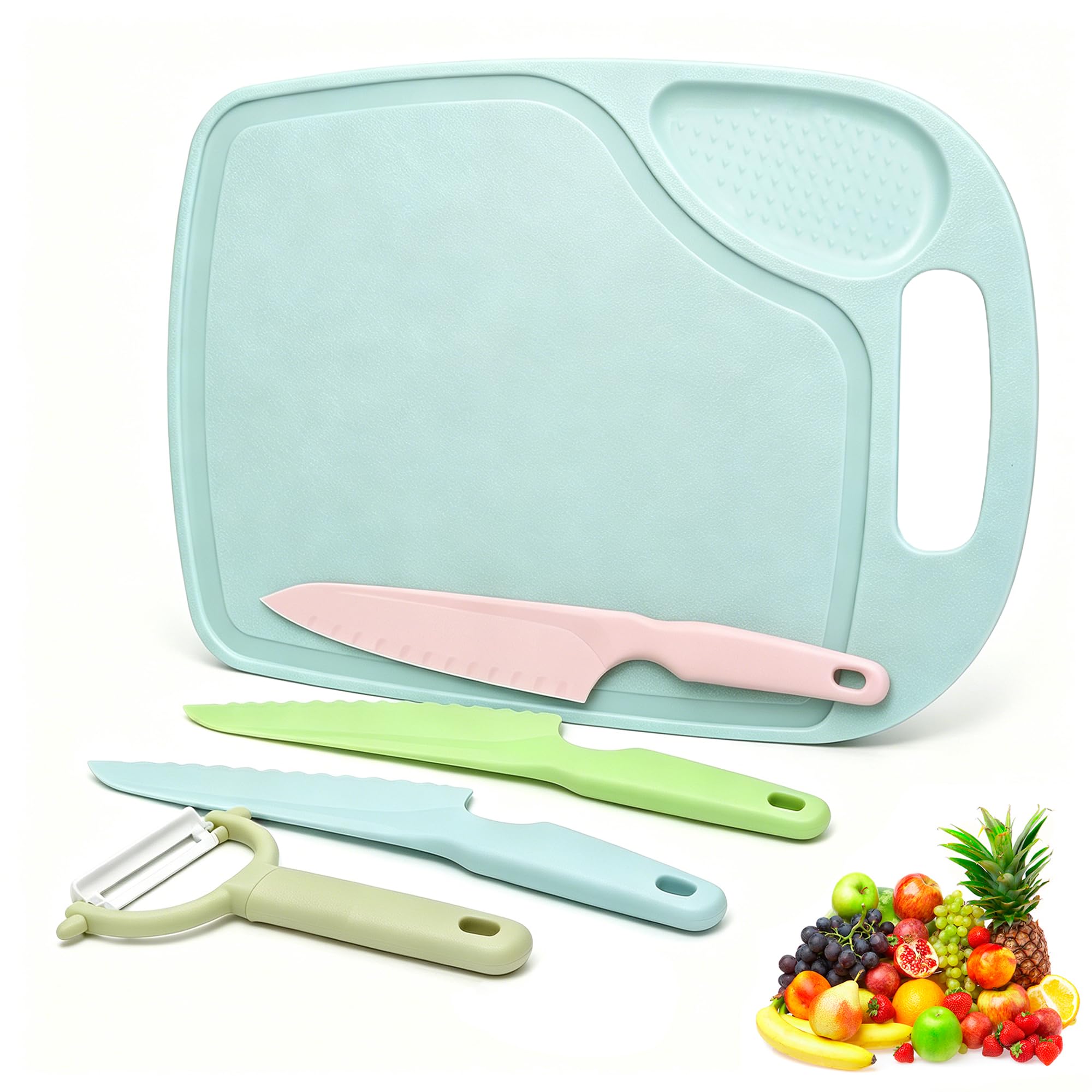 FACATH Plastic Fruit Knife Set with Cutting Board & Peeler: 5-Piece Safe Nylon Food-Grade Kitchen Kit for Safe Fruit & Veg Prep, Serrated Edges Lettuce Knife for Fruit, Bread, Cake, Salad