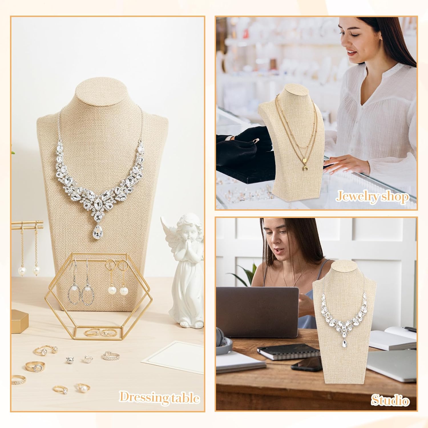 3 PCS Necklace Bust Display Stand Linen Jewelry Display Pendant Chain Holder Necklace Retail Mannequin for Jewelry Show Women (11.4 x 6.9 Inch)
