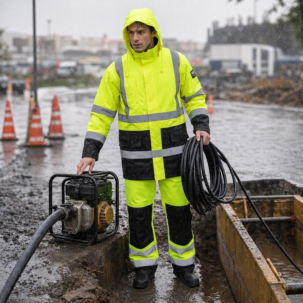 3-Piece Hi-Vis Rain Suit, Safety Jacket with Hood & Bib Overalls