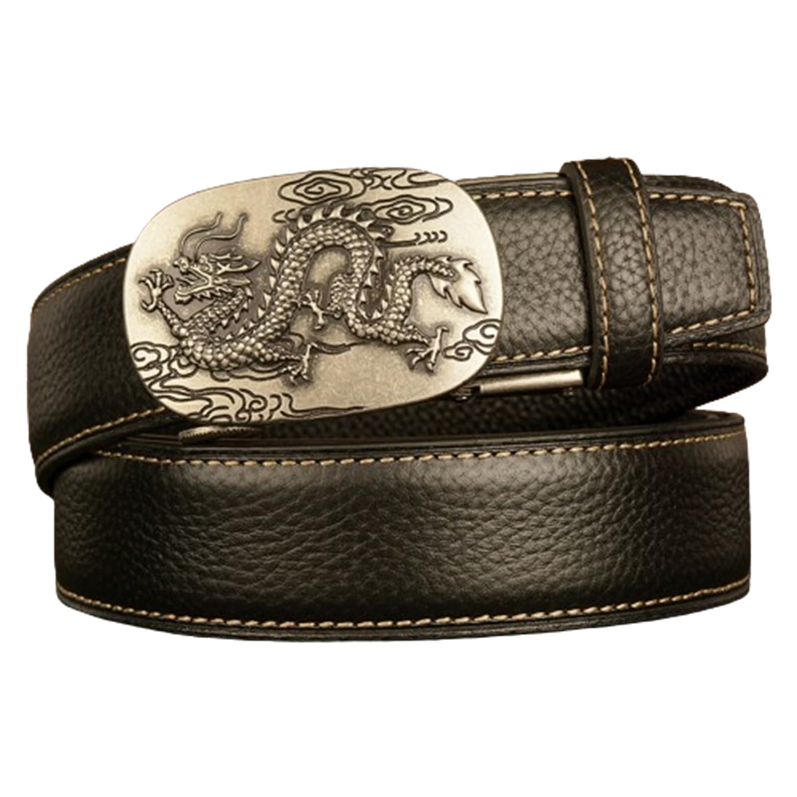 Cinturón De Cuero Con Trinquete For Hombre, Hebilla Deslizante Plateada Dragón Grabado, Vestir Cosido Ajustable, 1 3/8" Ancho, 115 Cm