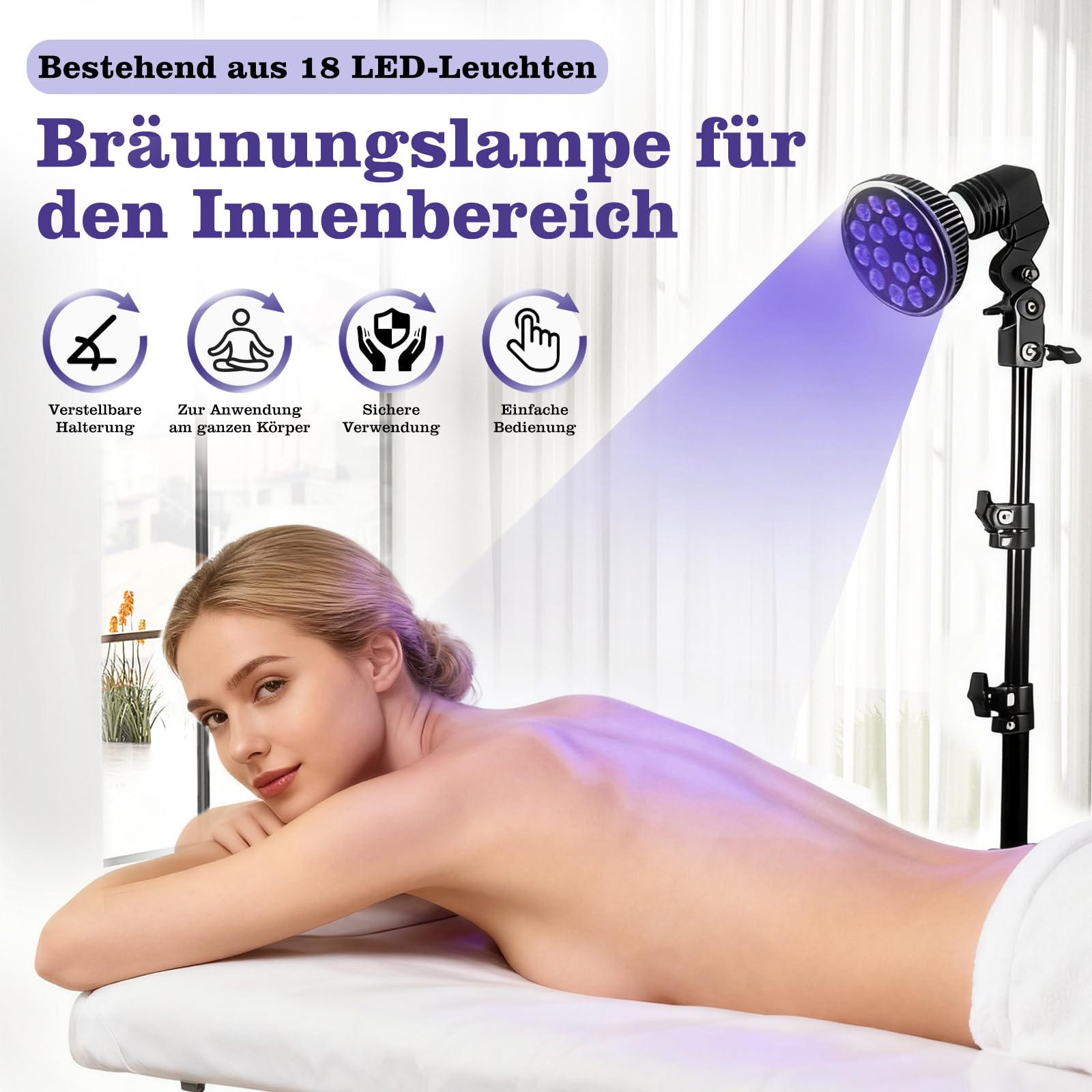Lampe de bronzage portable pour bronzage du visage à la maison lumière du jour pour le visage et le corps pour la maison avec support réglable et crochets de suspension (Violet)