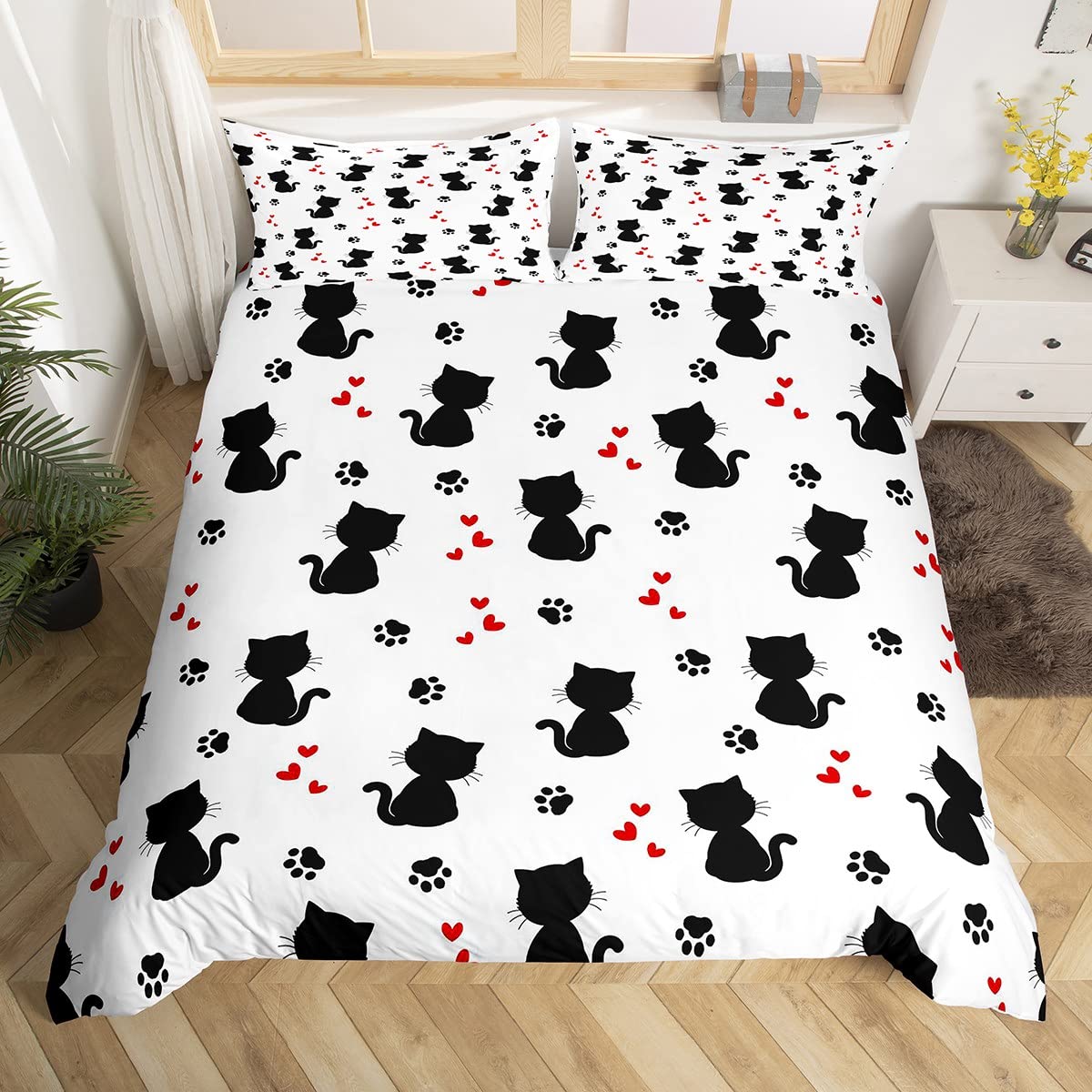 Homemissing Kids Cat Duvet Cover Set Cute Pet Cats Bedding Set for Children Boys Girls Cartoon Heart Paws Comforter Cover Cat Lover'S Animal Quilt Cover 2Pcs Bedding Single