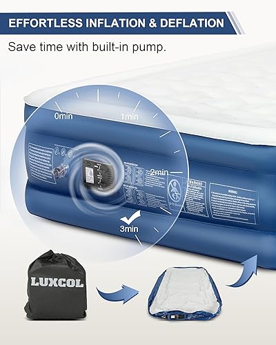 Miniatura 3 de LUXCOL Colchón de aire de tamaño Queen con bomba integrada, colchón inflable autoinflable, colchones inflables duraderos de 18 pulgadas para