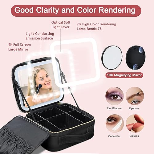 Miniatura 4 de Bolsa de maquillaje con espejo iluminado, caja de cosméticos de viaje, espejo iluminado LED de 3 colores con brillo ajustable, cuero impermeable,
