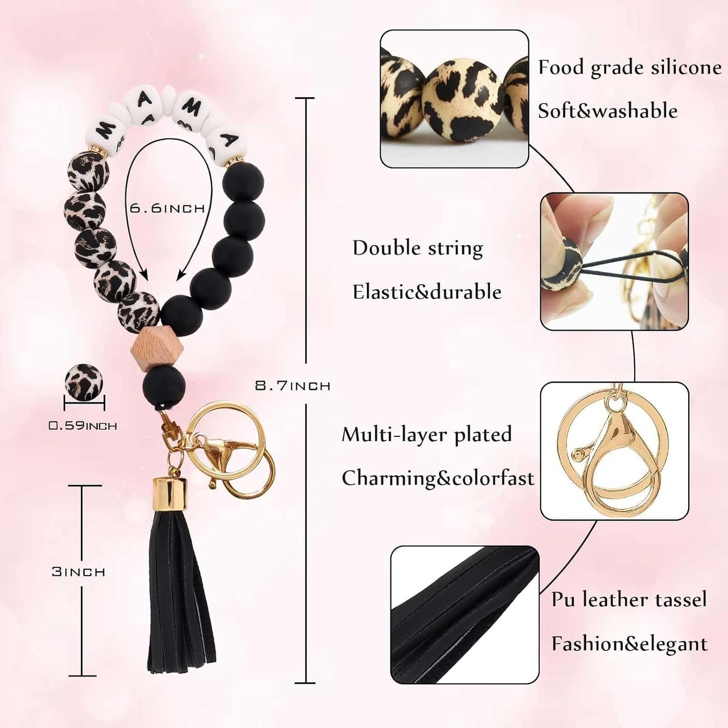 Llavero brazalete silicona cuentas mujer fleco piel esencial, Mama-leopardo