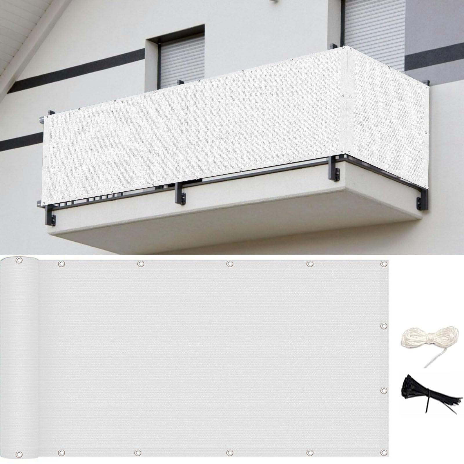Brise vue balcon 110x560 cm en HDPE blanc résistant au vent