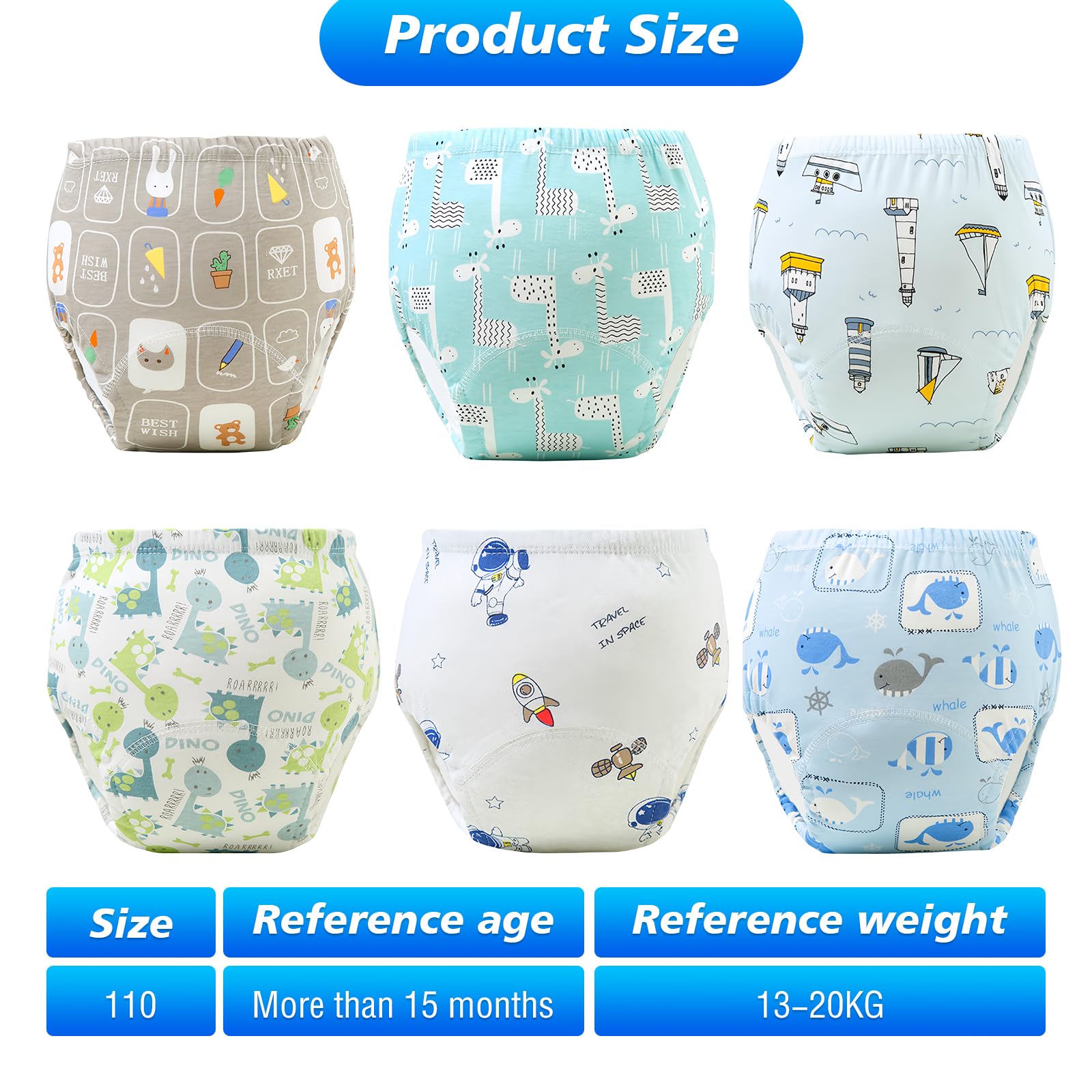 volumoon 6 Stück Baby Trainingshosen Töpfchen, Trainerhosen Kleinkinder, trainingsunterhose Kinder, Waschbare Trainingshose Jungen und Mädchen 2-6 Jahre, 100% Baumwolle Atmungsaktiv (110,13kg-20kg)