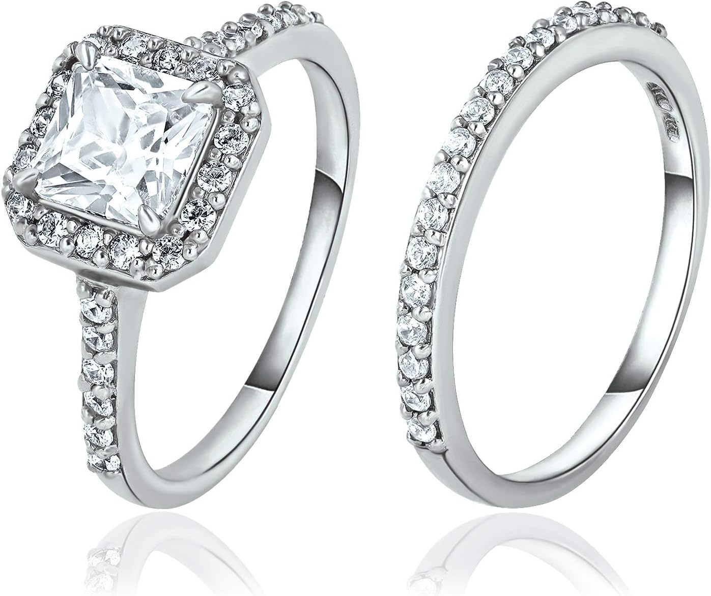 SEA OF ICE Engagement Rings Princess Cut – Elegant Wedding Engagement Ring Set – 925 Sterling Silver and Cubic Zirconium Rings for Women - Princess Cut Halo Engagement Ring and Band – 6 x 6mm