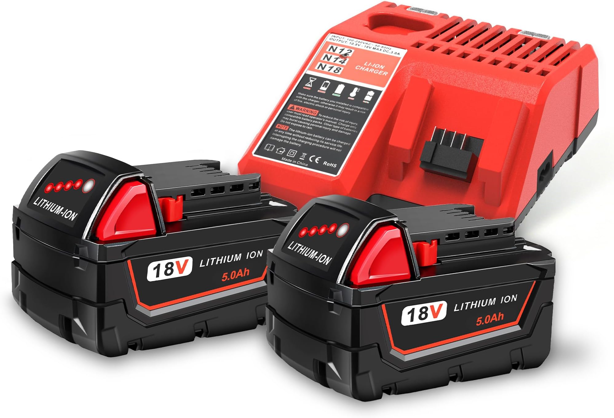 Worthmah 2 Pack 5.0Ah 18V Replacement Batteries and Charger Replacement for Milwaukee M18 Lithium Ion Battery Compatible with Milwaukee 48-11-1815 48-11-1820 48-11-1828 Cordless Power Tools