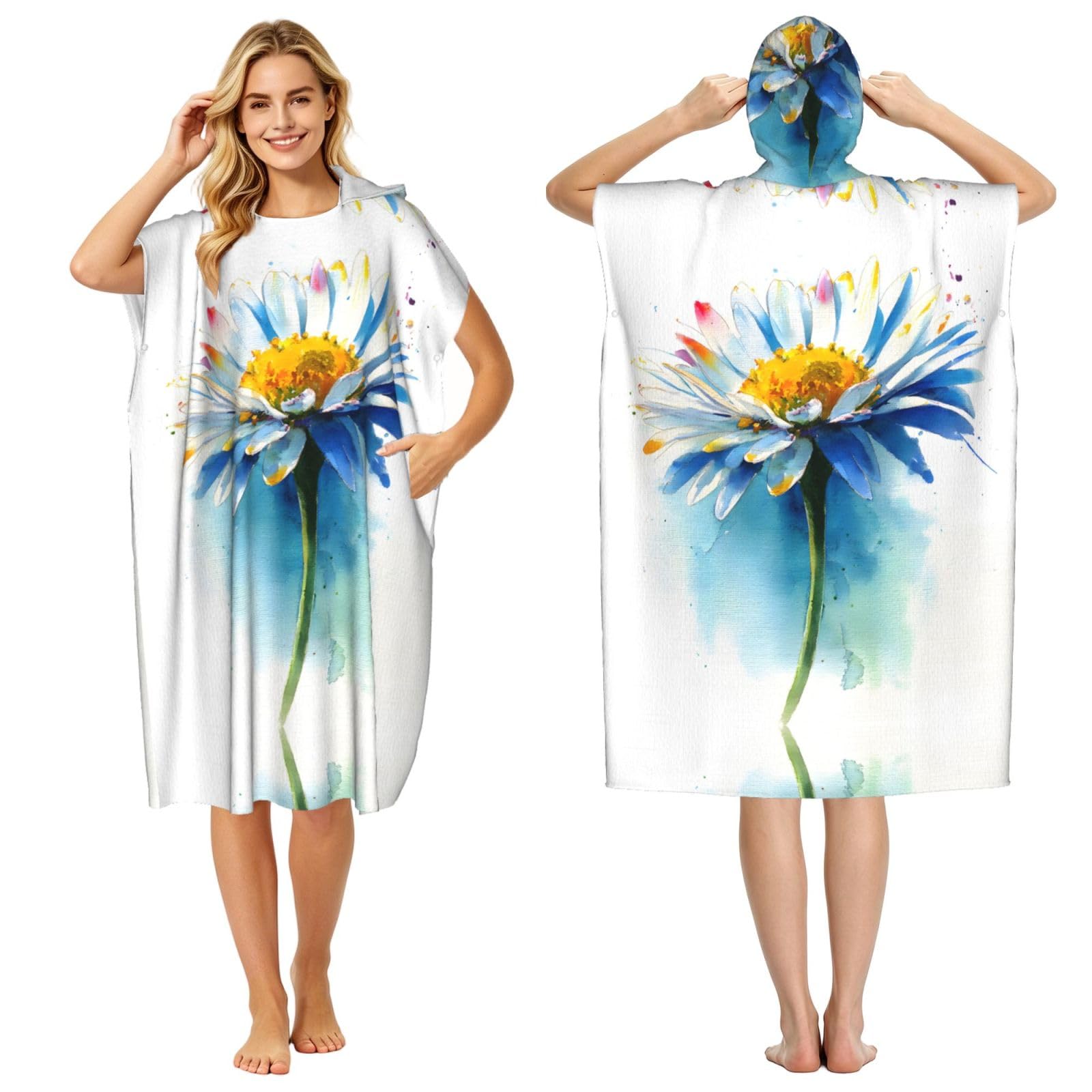 EZDLOWVBA Watercolor Daisy Print Hooded Poncho Microfiber Beach Towel,Adult Women & Men Changing Robe,Lightweight Summer Surf Swim Bath Poncho Towel