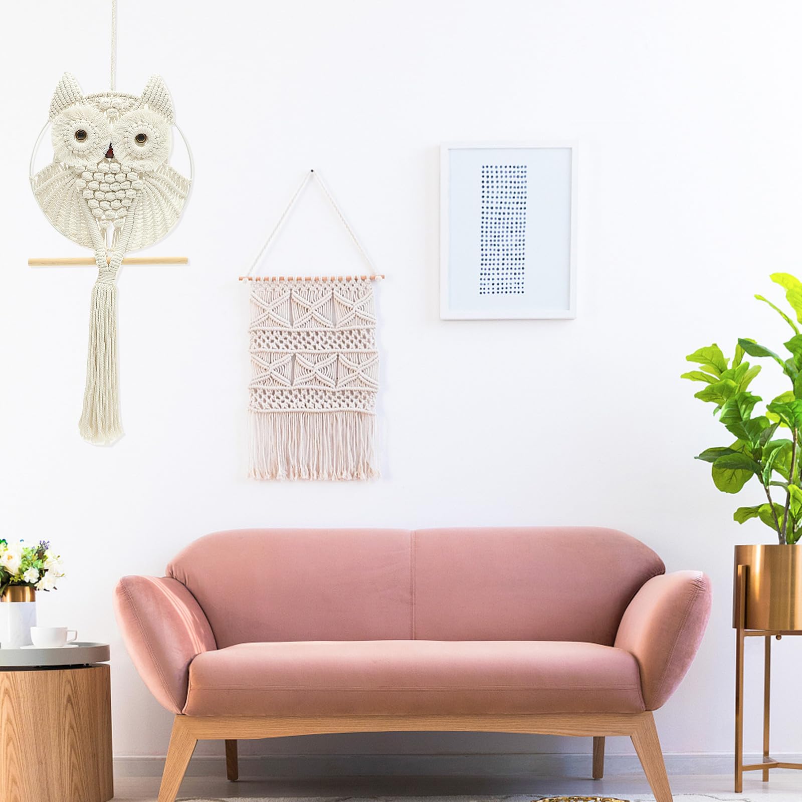 Boho Eule Makramee Wandbehang Tapisserie Handgemachte Baumwolle Seil Wanddekoration mit Quaste Anhänger, Leichter Stahl und Holzrahmen, für Wohnheim oder Raumdekoration