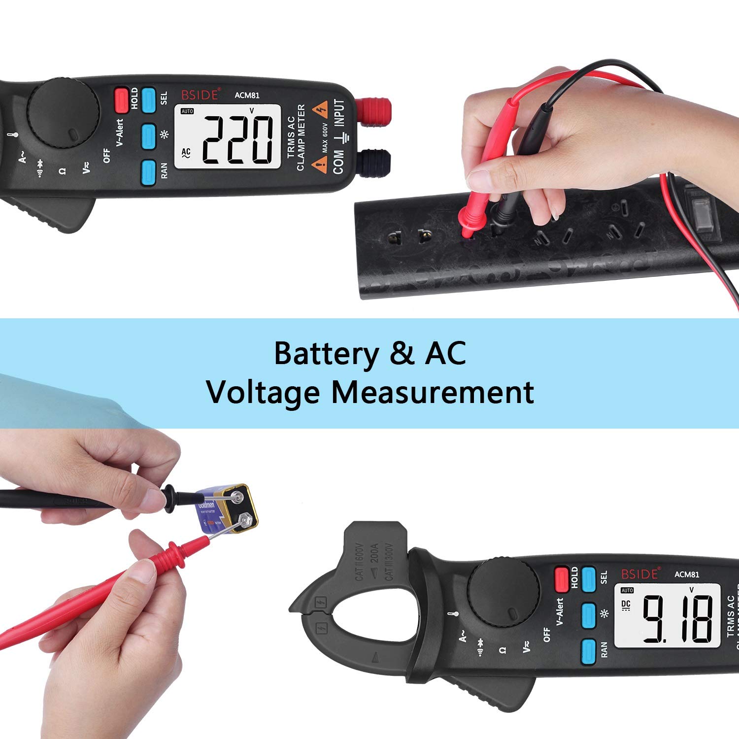 Top image shows clamp meter measuring AC voltage from a power strip, bottom image shows measuring DC voltage from a battery
