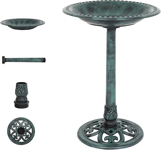 VINGLI Wild Bird Bath Green Patina Weather Resistant Resin Pedestal Birdbaths Antique Sculpture Finish Garden Decor for Outdoor Lightweight Courtyard 28 Inch…