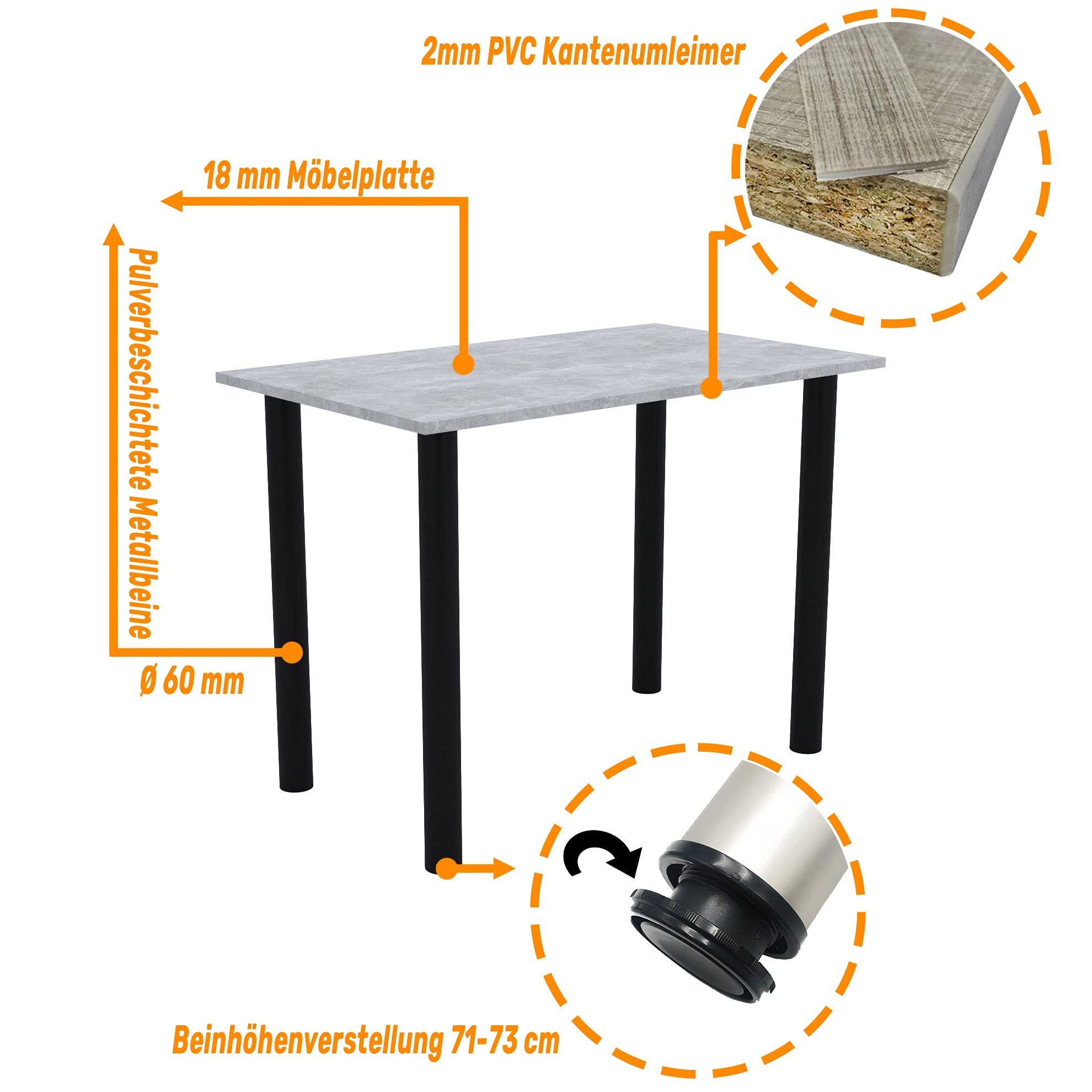 AKKE mikon 90x60 | Esszimmertisch - Esstisch - Tisch mit SCHWARZEN Beinen - Küchentisch - Bürotisch | Beton