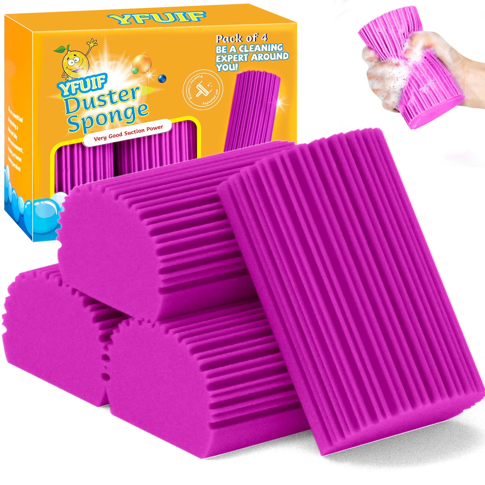 YFUIF 4 Pack Damp Clean Duster Sponge, Magic Sponge Eraser for Household Cleaning, Reusable Dusters Cleaning Supplies for Housekeeping, Dish, Blinds, Glass, Baseboards,Window Track Grooves and Faucets