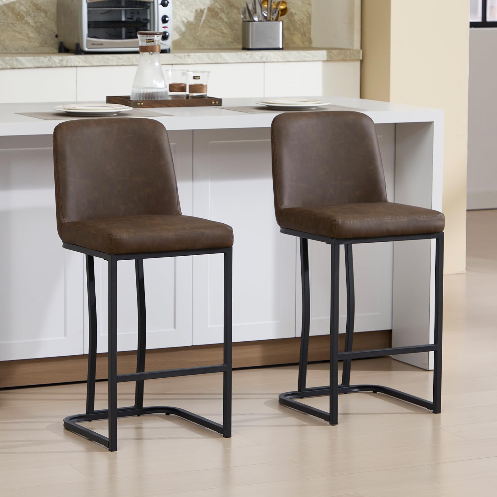 Chummaven Leather Bar Stools Set of 2 Counter Chairs with Metal Base, Brown