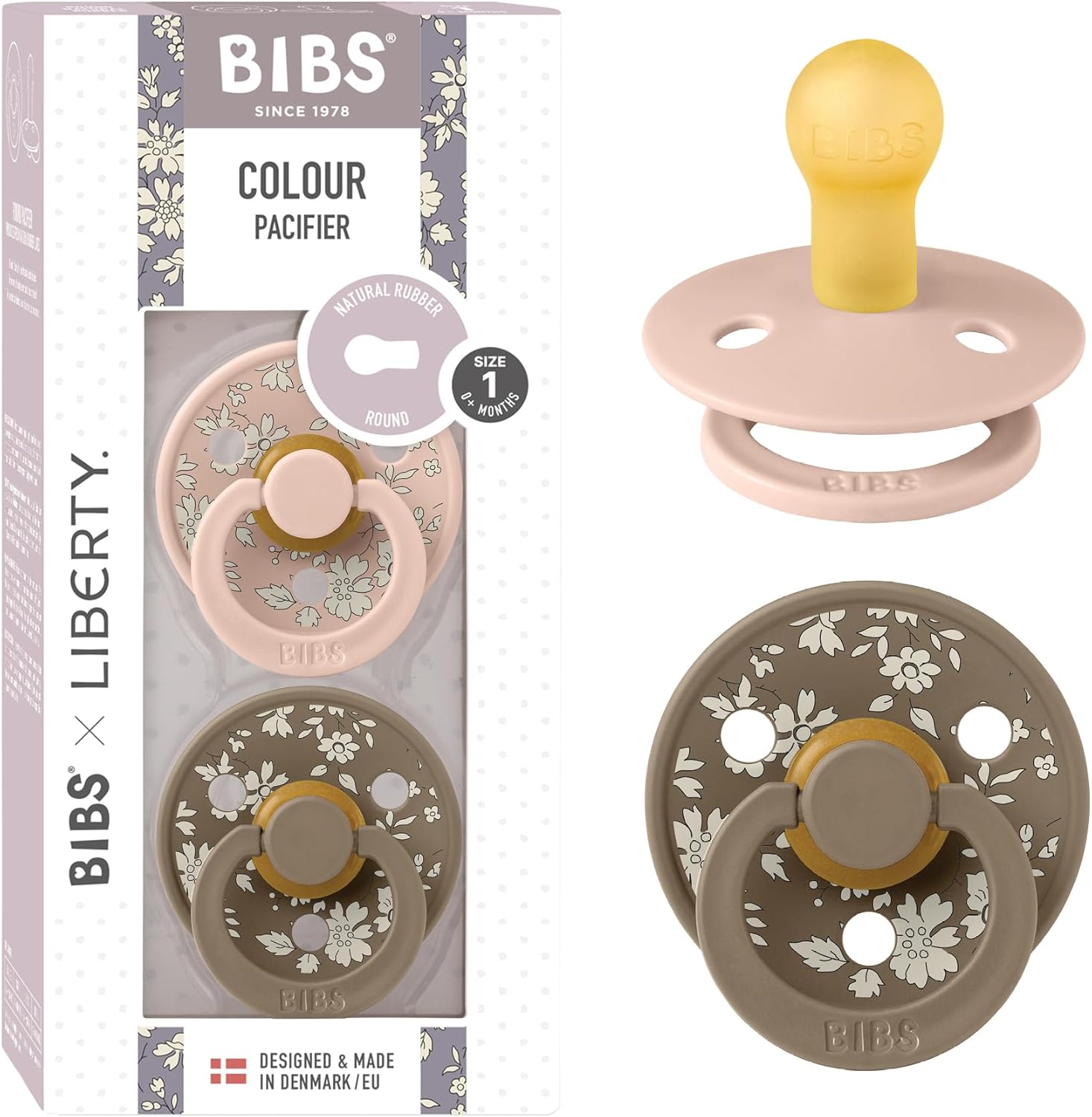 BIBS Colour Liberty Paquete de 2 chupetes. Libre de BPA, Tetina redonda. Látex natural, Hecho en Dinamarca, 0+ meses (Paquete de 2), Capel Blush