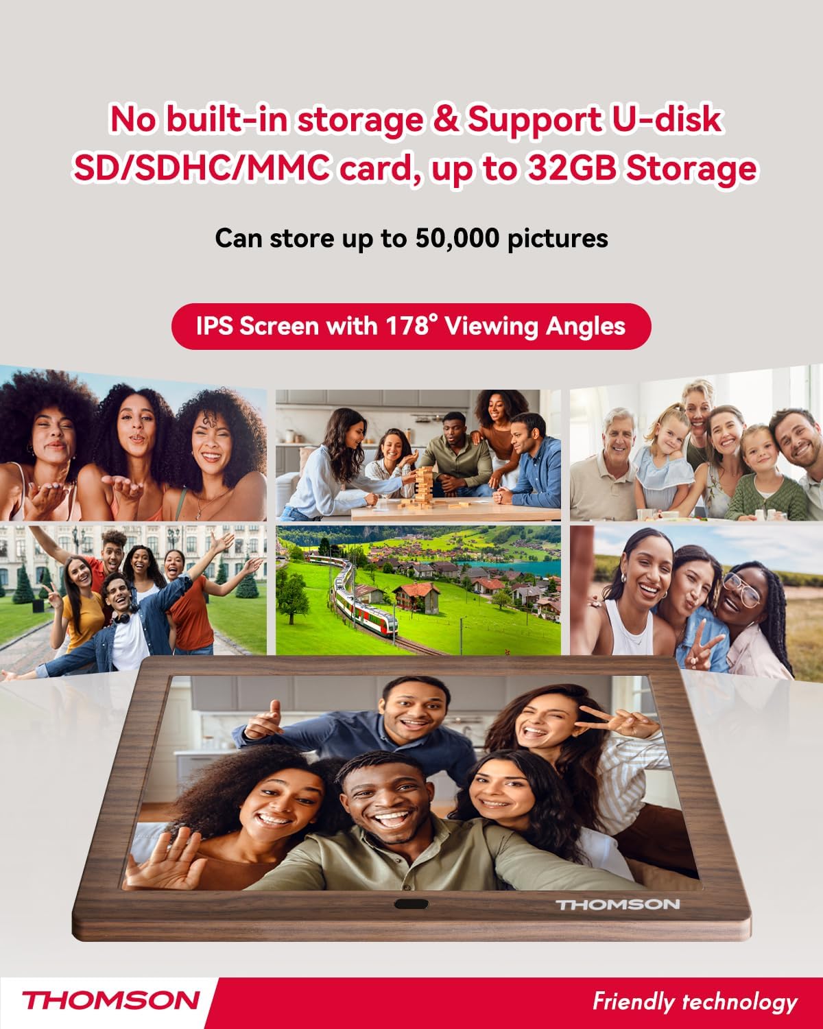 THOMSON 8" Digital Picture Frame, 1280 * 800 IPS Full View Ultra Clear Screen with Remote Control, Wooden Frame, Share Videos Photos Send Wishes Auto-Rotate Slideshow Non-WiFi (8 Inch Non-WiFi)