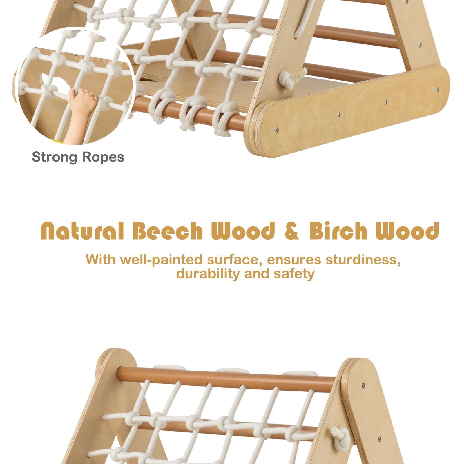 HOMASIS 4 in 1 Klettergerüste mit Rutsche, Kletterdreiecke für Kinder, Spielplatz aus Holz, Montessorie Kletterspielzeug für Kinder ab 1+ Jahren, Sprossendreieck Max. Kapazität 60 kg (Holzfarbe)