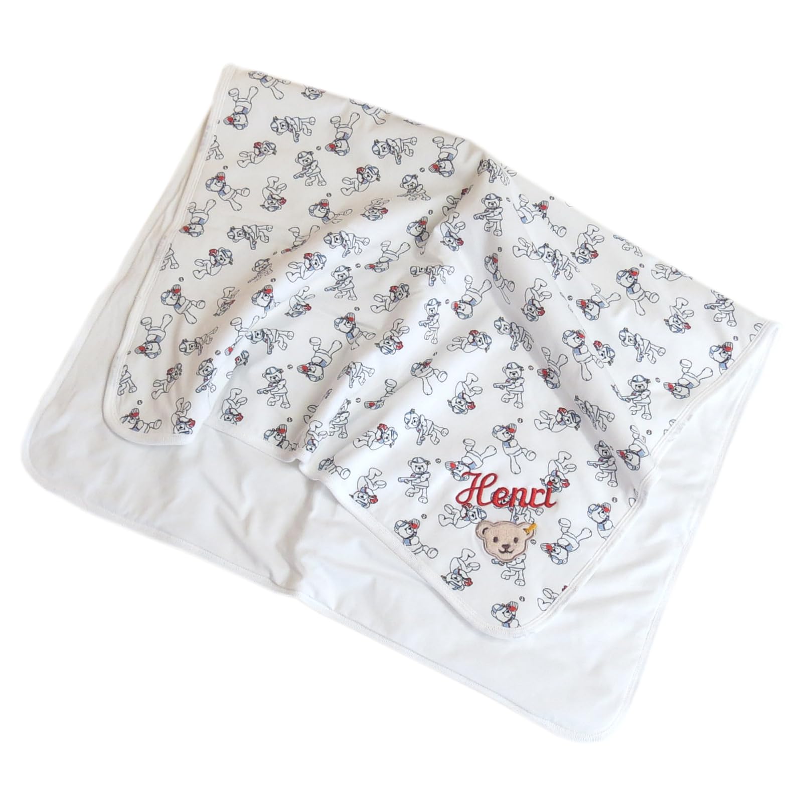 Babydecke mit Ihrem Wunsch-Namen Bestickt Baseball-Teddy cremeweiß 90 cm x 60 cm als Namensdecke personalisierte Steiffdecke Jerseydecke mit Teddy-Applikation