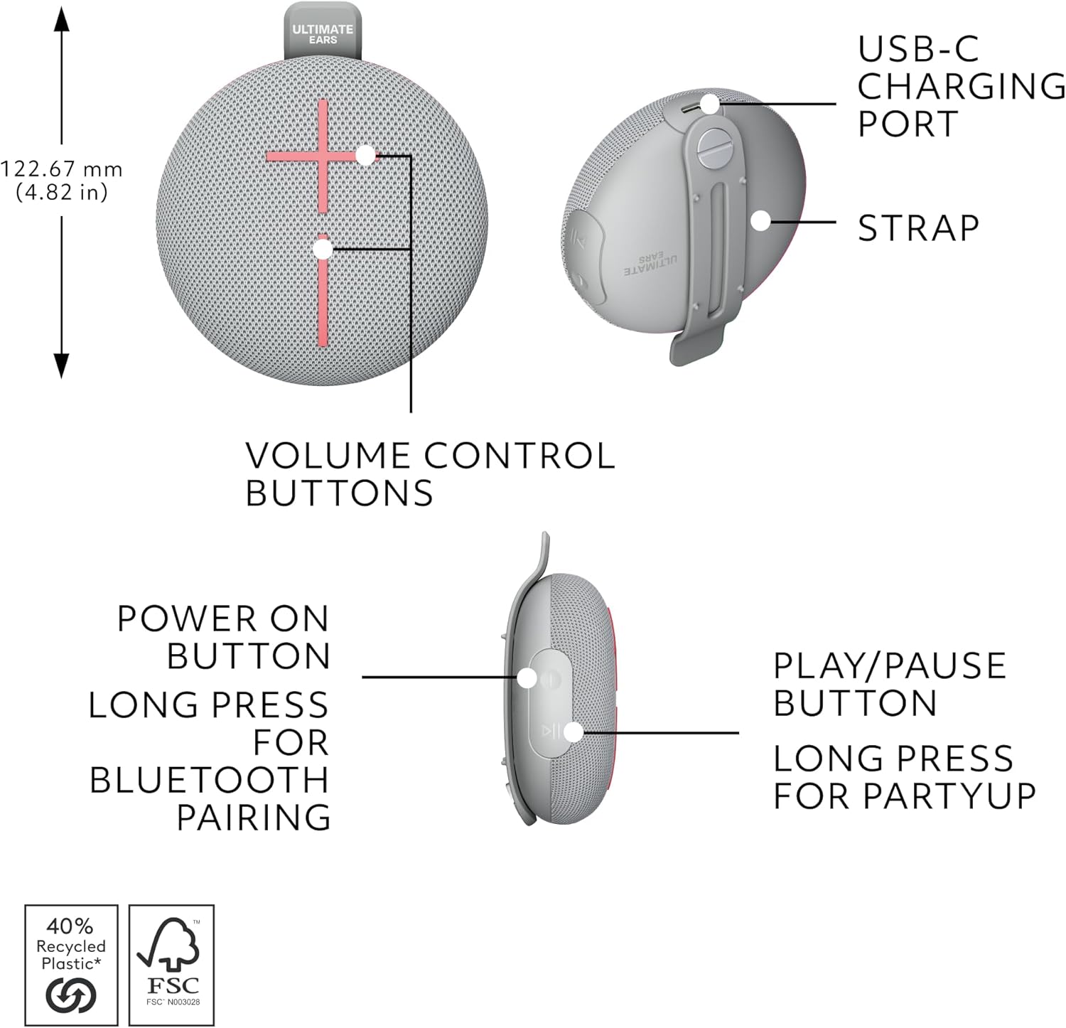 Ultimate Ears MINIROLL Ultra-Portable Waterproof Bluetooth Speaker, Big Bass, IP67 Dustproof, 131 ft Range - Gentle Grey - Image 8