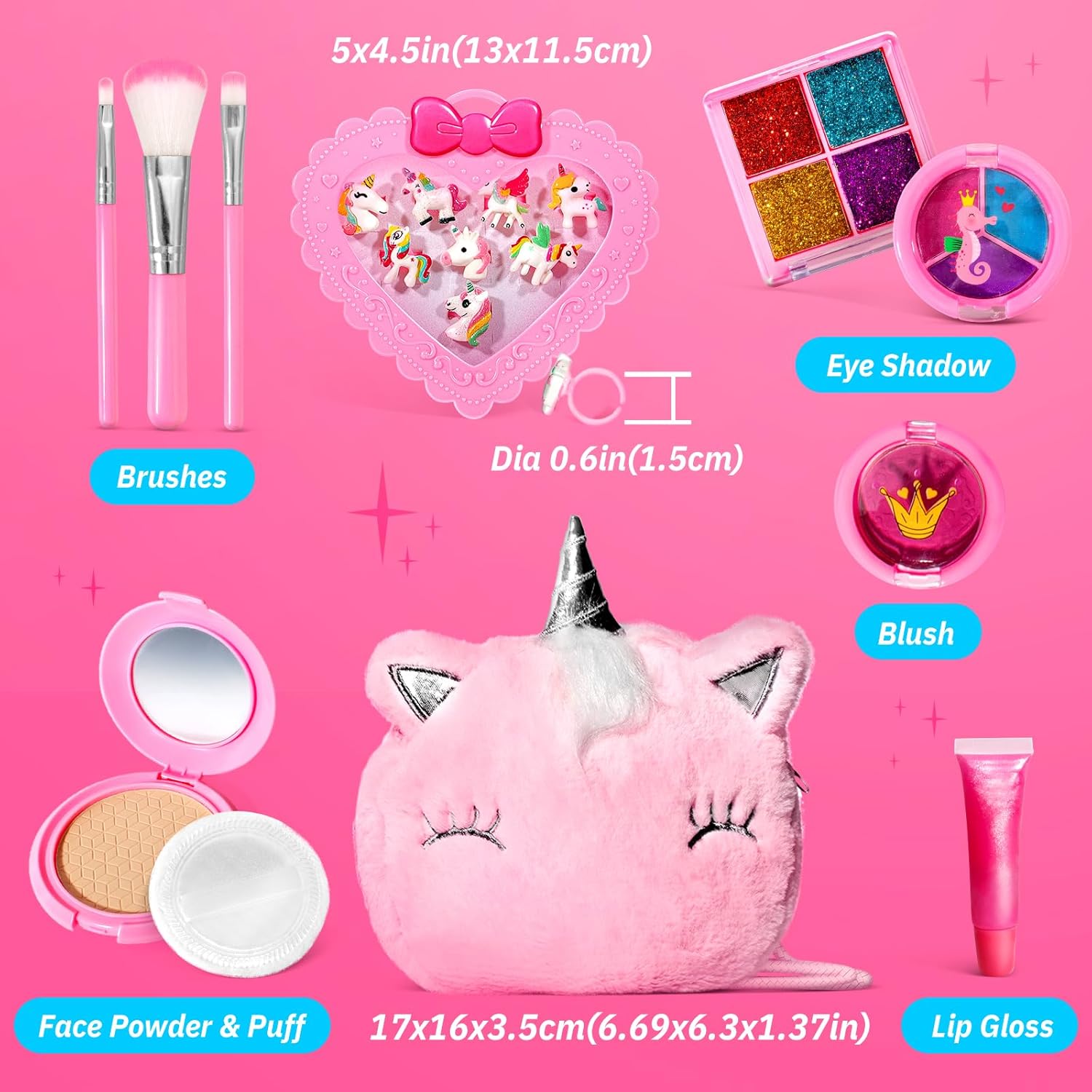 ULOVEME Kids Real Makeup Kit for Girls with Fluffy Purse - Real, Non Toxic, Washable Make Up Toy - Umicorn Toys Gift for 3 4 5 6 7 8 Years Old Girls Birthday - Easter Gifts for Girls (Pink Umicorn)