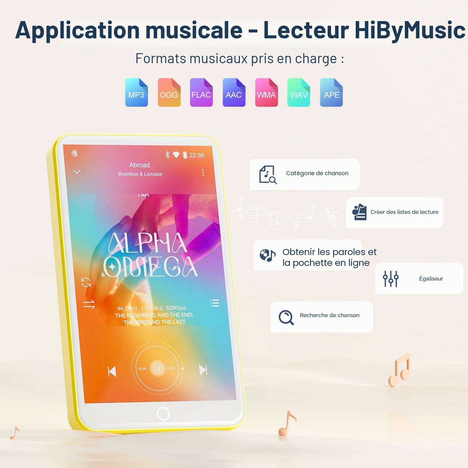 Lecteur MP3 avec Bluetooth et WiFi, Oilsky 80GB 4'' 1080P Lecteur MP4 à écran Tactile, Android 9.0, Lecteur MP3 Portable avec Spotify, Audible, Deezer (Jaune)