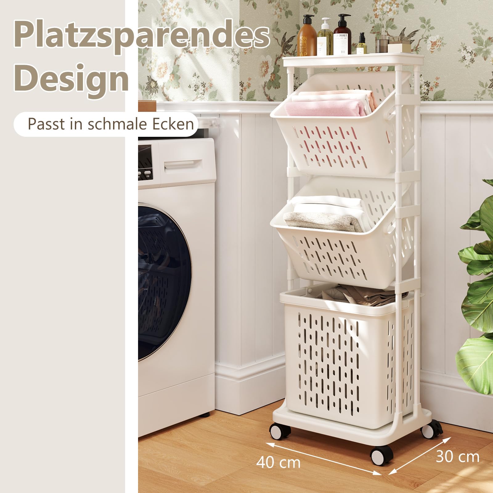 COSTWAY Wäschekorb Ständer, 72L Wäschesammler schmal 30cm breit, großer Korb mit Griff & 2 kleine Körbe mit kippbarem Design, Wäschesortierer Plastik, Rollwagen 3 Fächer, Metallrahmen, beige