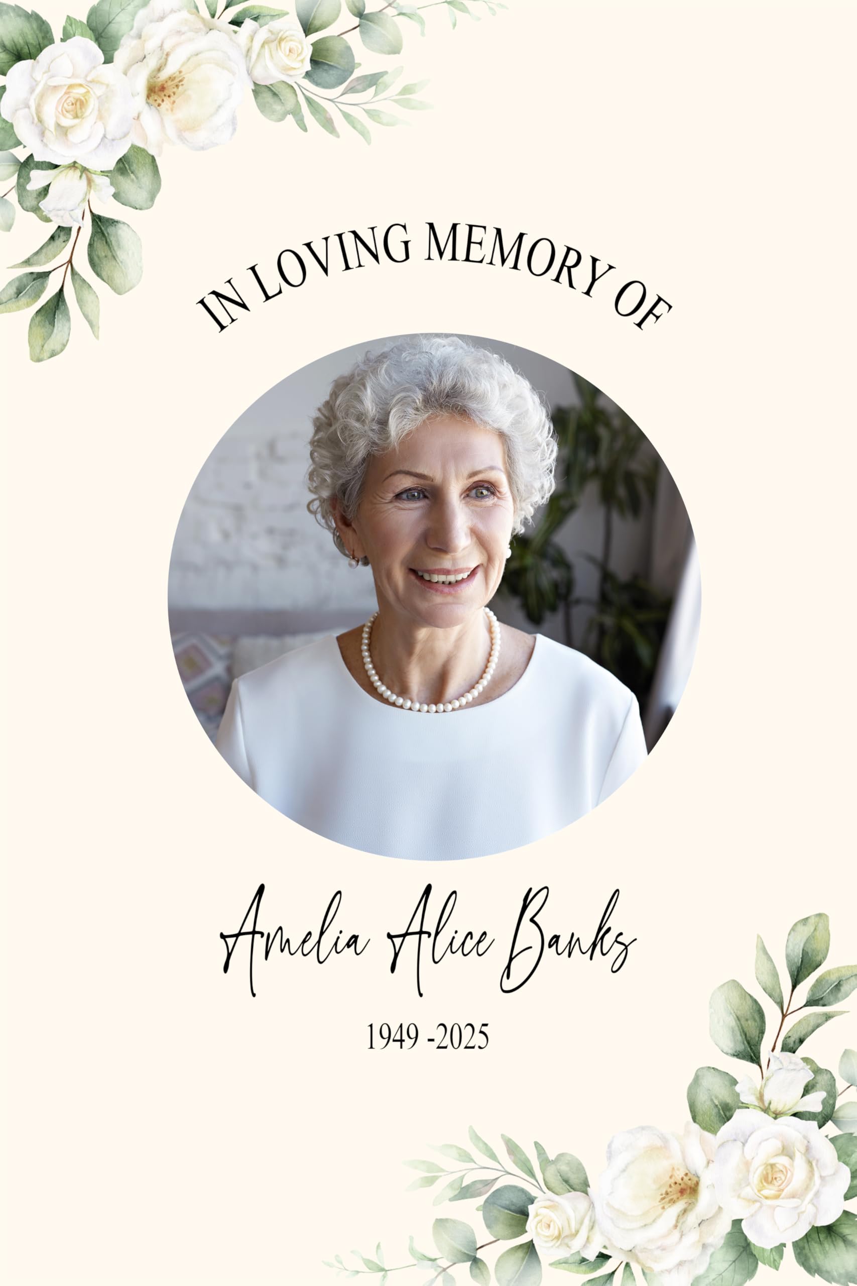 Personalised Memorial Photo Board – In Loving Memory Sign – A2 3mm Foam Board – Celebration of Life Tribute – White Rose Cream Background - Custom Funeral Photo Display FD4