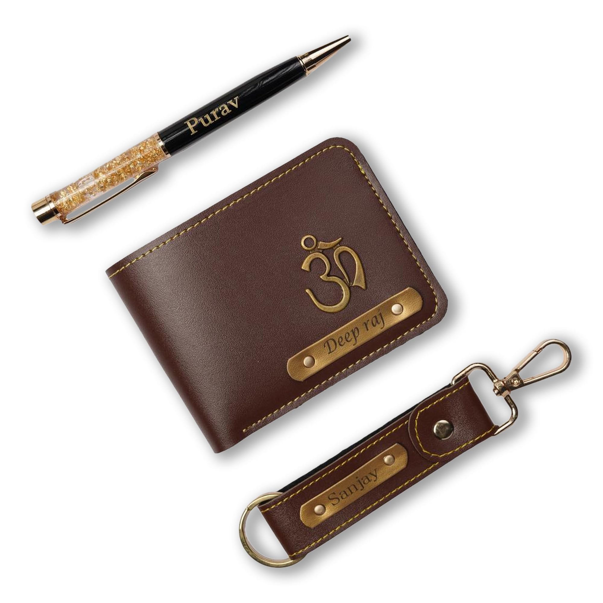 Customised Leather Original Wallet With Pen, Keychain Gifting Hamper Set For Men With Name Plate, Personalized Purse Combo, Unique Stylish Gift For Husband, Birthday, Valentine's Day- Brown-image-33
