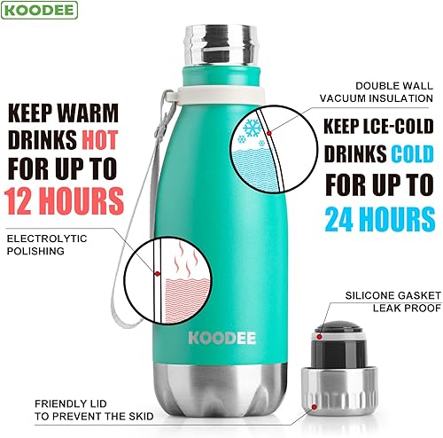 Miniatura 5 de koodee Botella de agua pequeña de acero inoxidable de 9 onzas, doble pared aislada al vacío, para la escuela, a prueba de fugas, sin BPA (azul