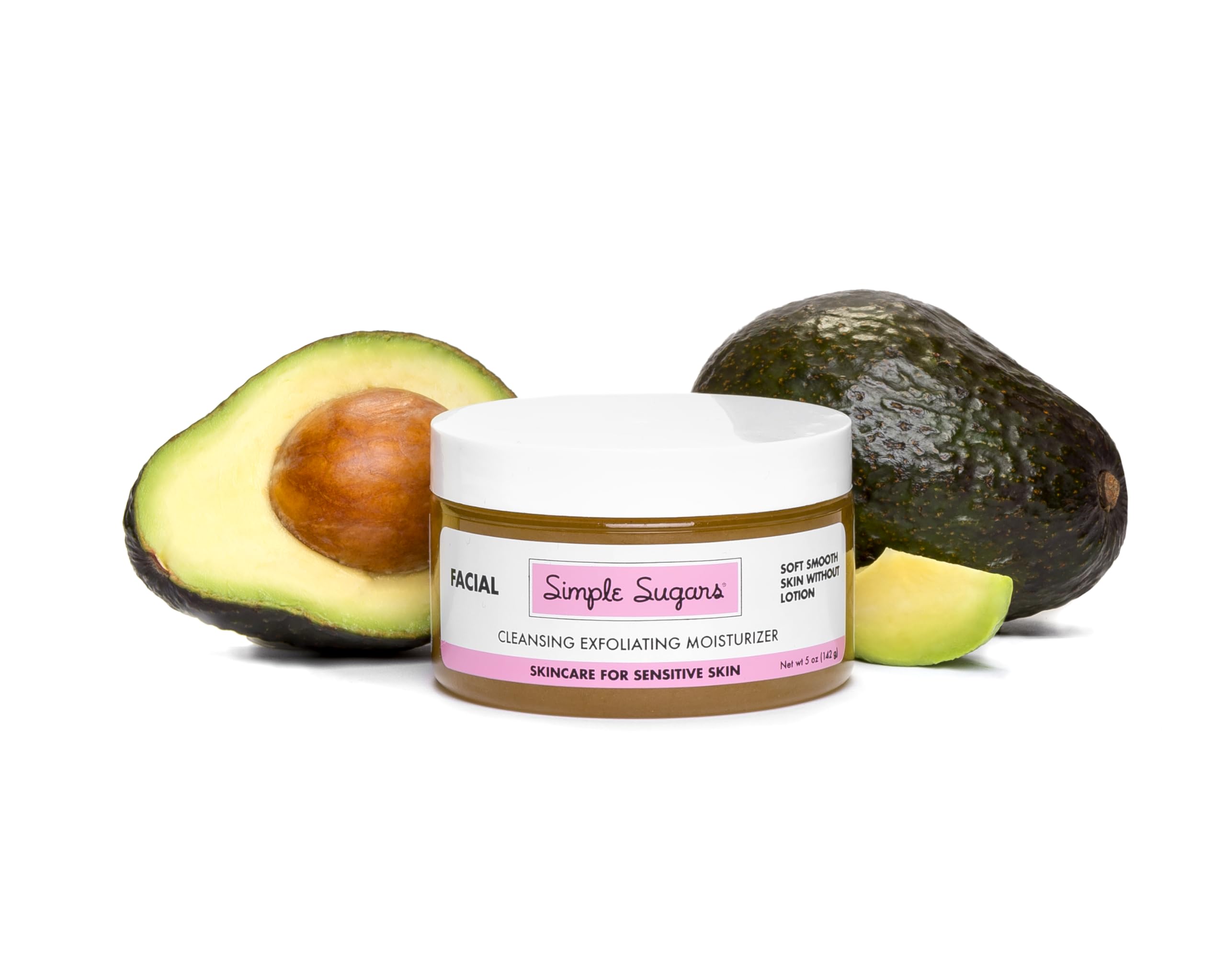 Simple Sugars Avocado Facial with Emu Oil - Cleansing Exfoliating Moisturizer for Sensitive Skin, Dry Skin, Eczema, Psoriasis