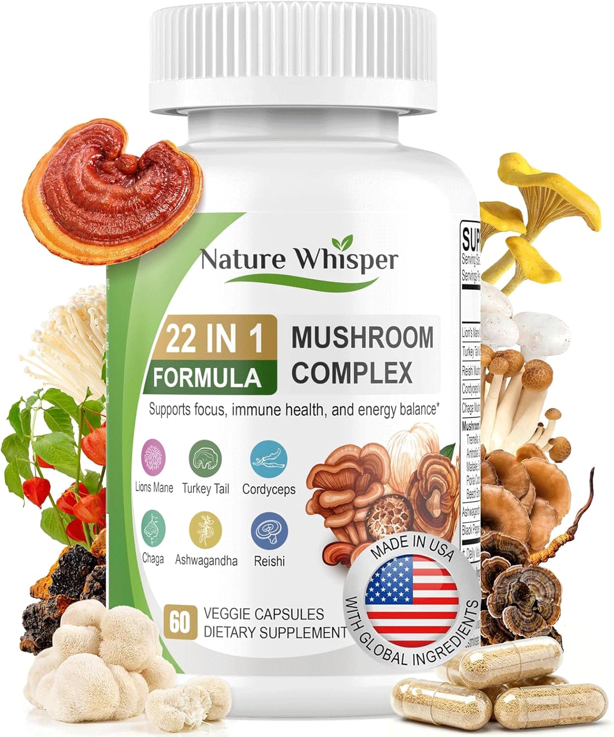 Nature Whisper Suplemento de cogumelos com ashwagandha 100 mg, 60 cápsulas